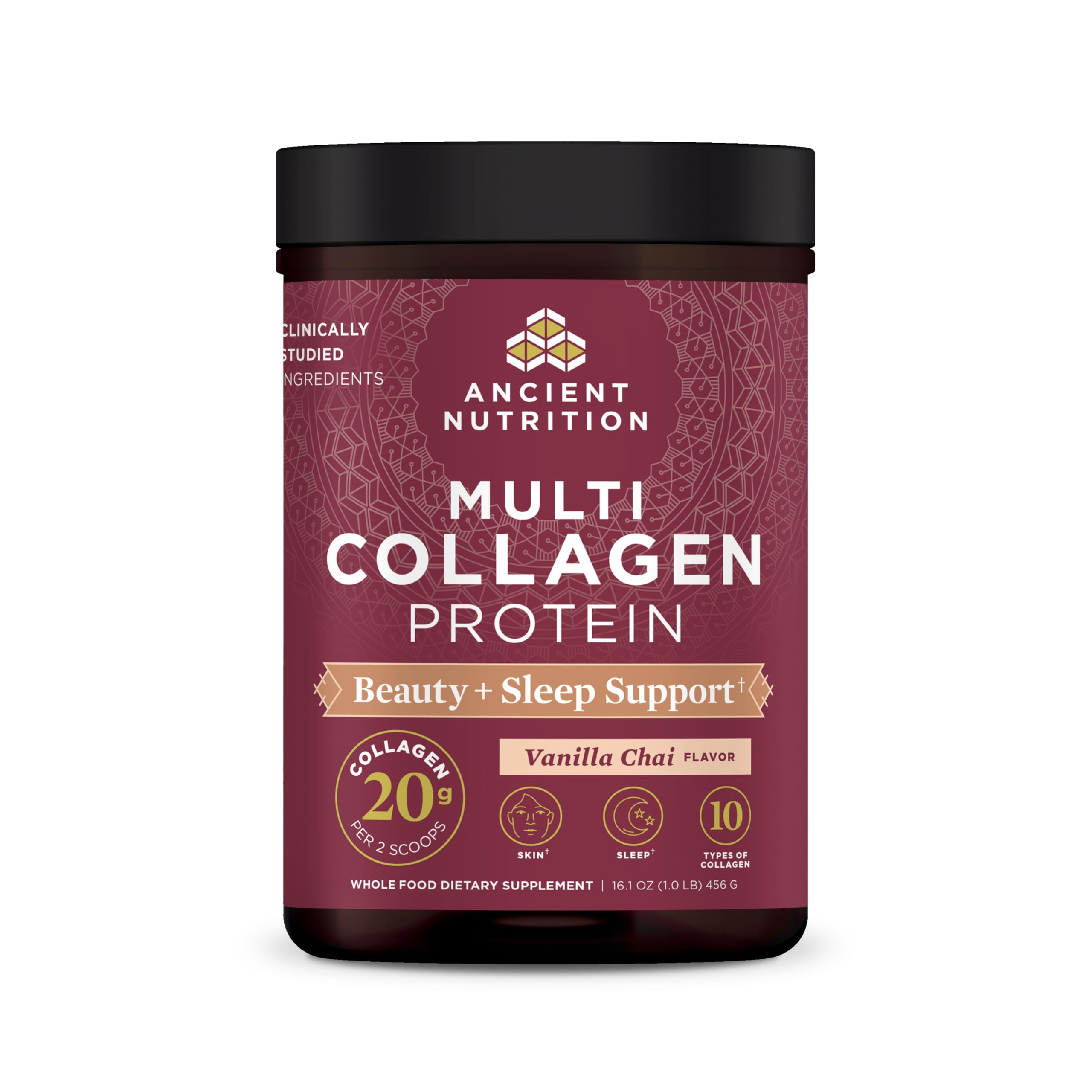 Ancient Nutrition Multi Collagen Protein Beauty + Sleep 455g Vanilla Chai front view