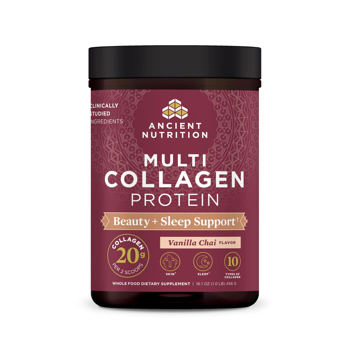 Ancient Nutrition Multi Collagen Protein Beauty + Sleep 455g Vanilla Chai front view