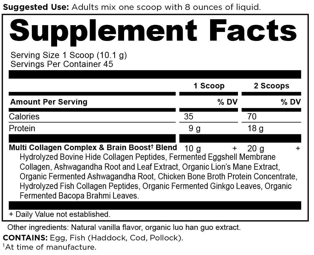 Ancient Nutrition Multi Collagen Protein Brain support nutritional information