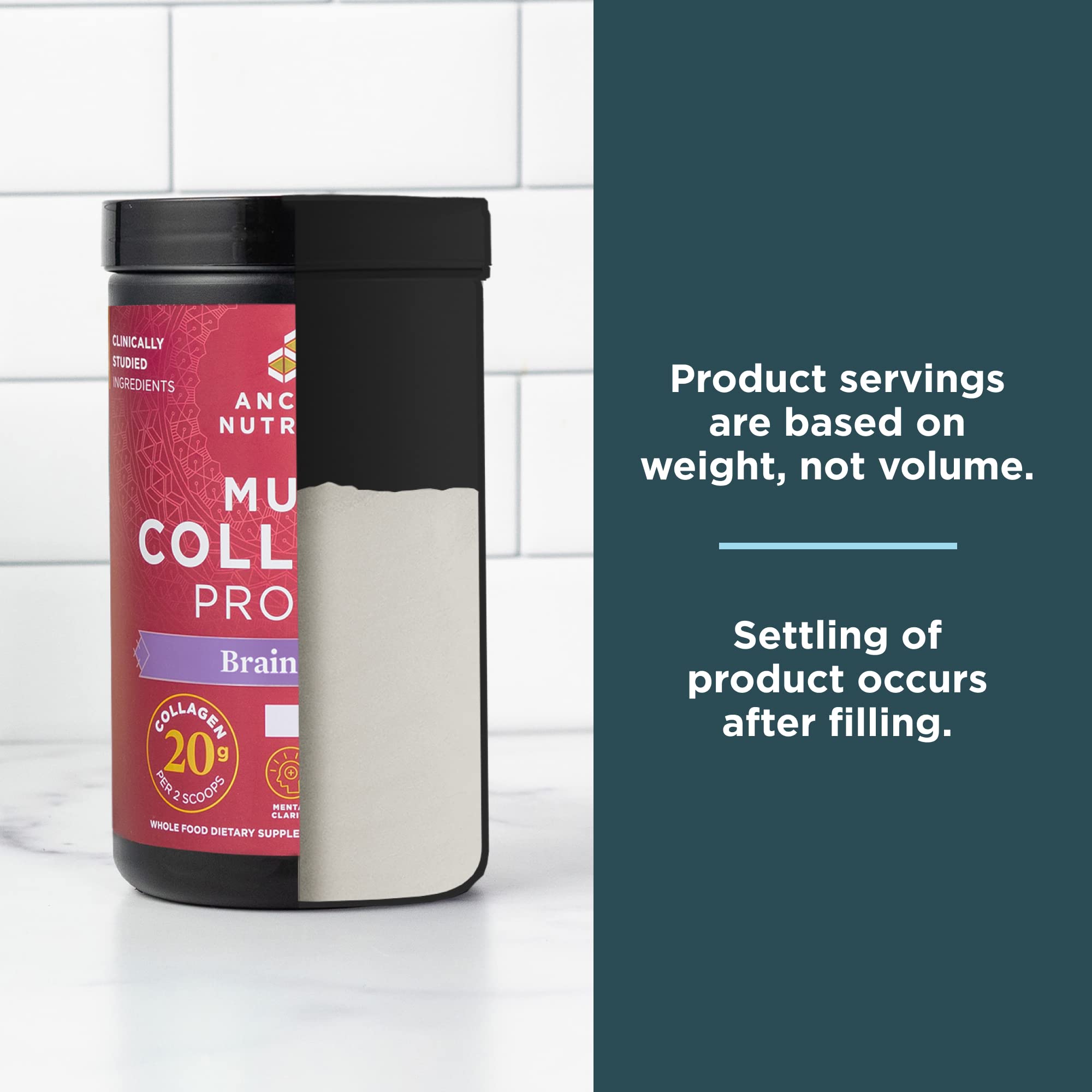 Ancient Nutrition Multi Collagen Protein Brain support powder in a glass