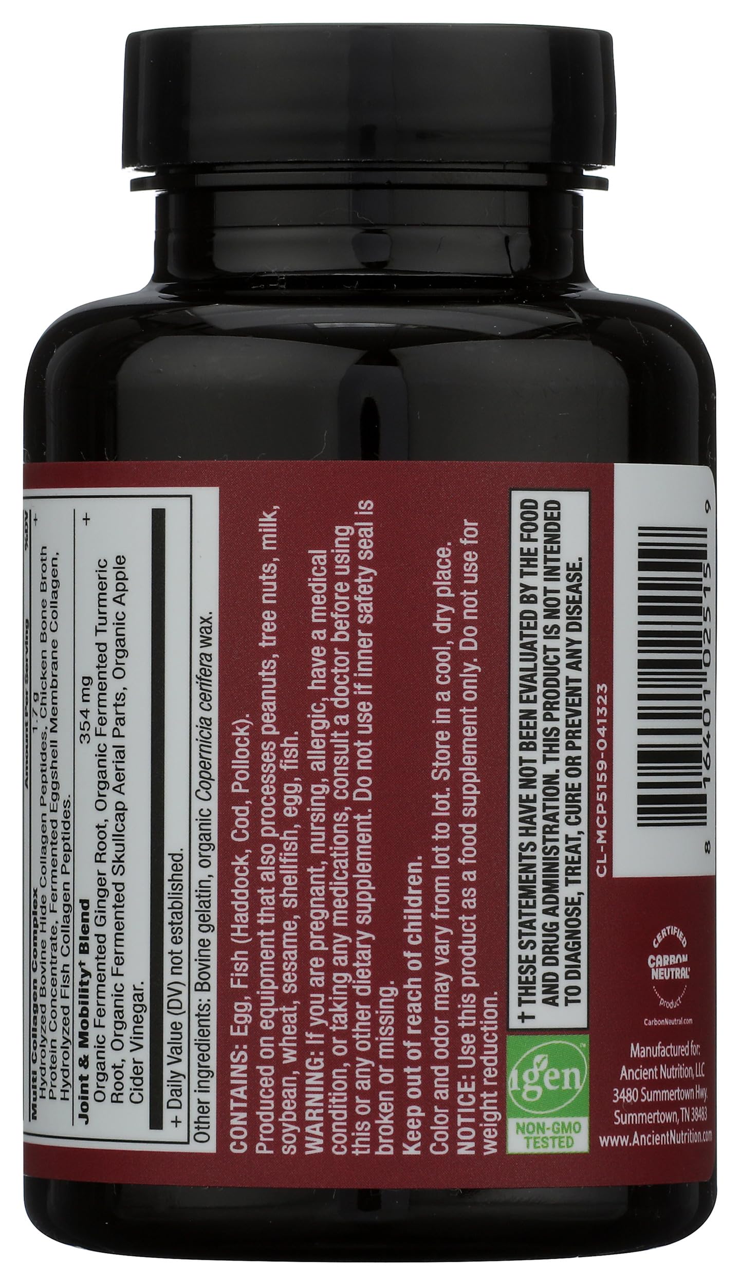 Ancient Nutrition Multi Collagen Protein Capsules displayed with ingredients