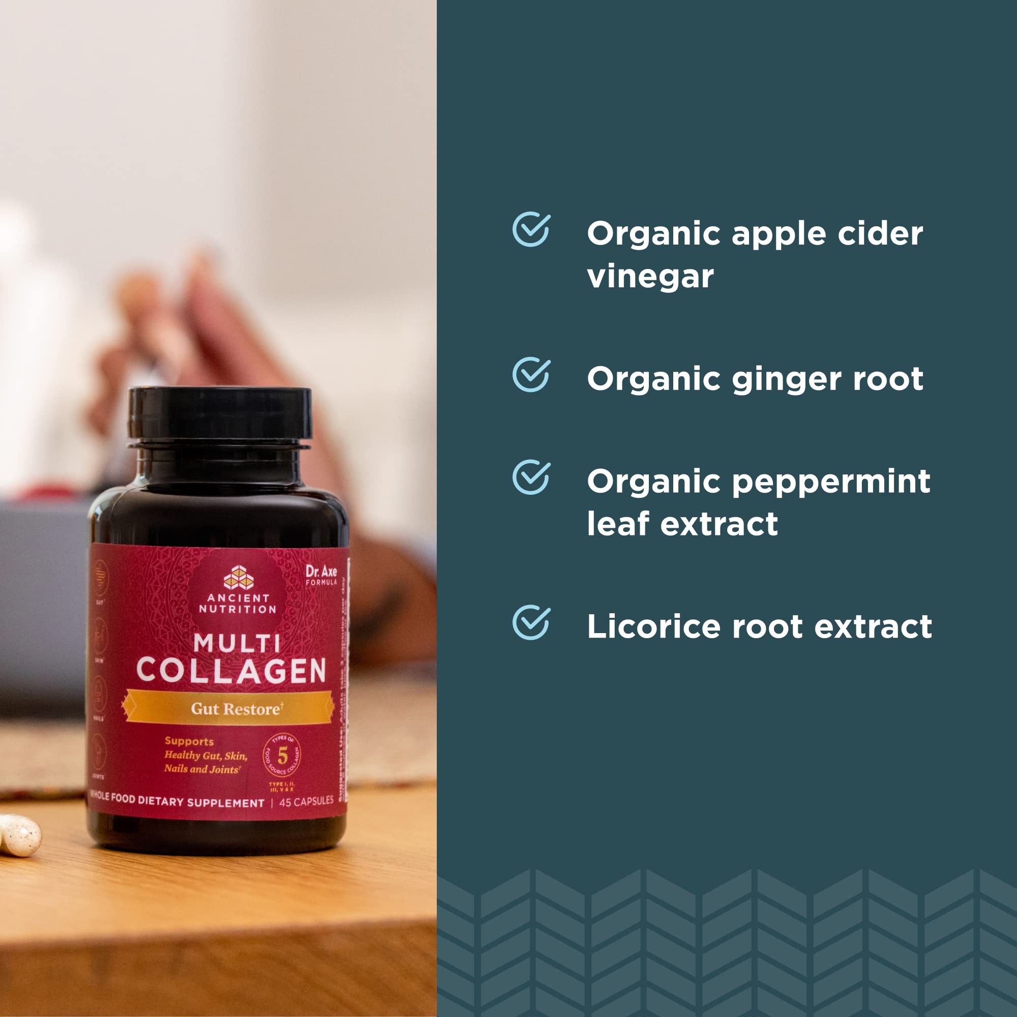 Ancient Nutrition Multi Collagen Protein Capsules Gut Restore ingredients list on the bottle