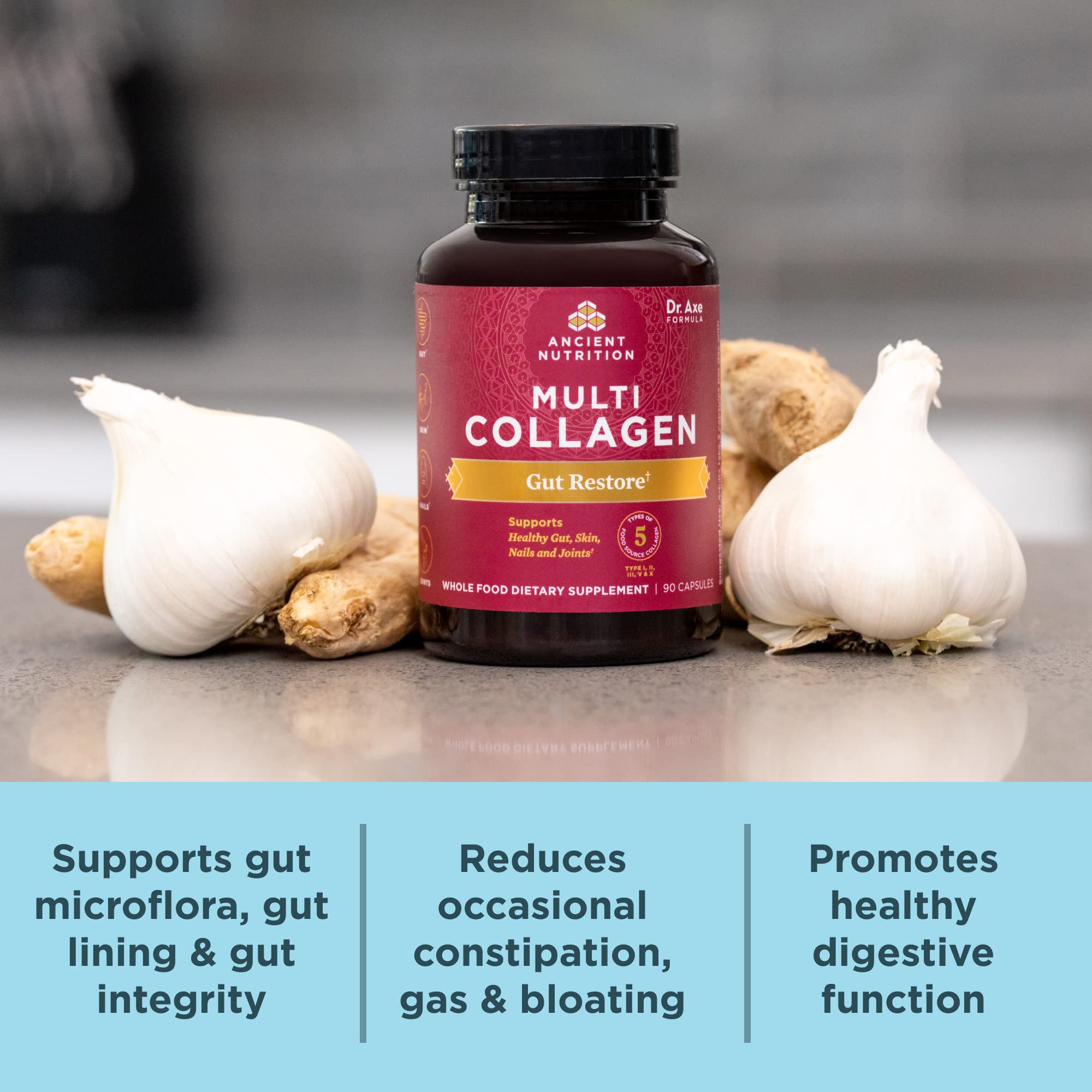 Ancient Nutrition Multi Collagen Protein Capsules Gut Restore with capsules on a wooden surface