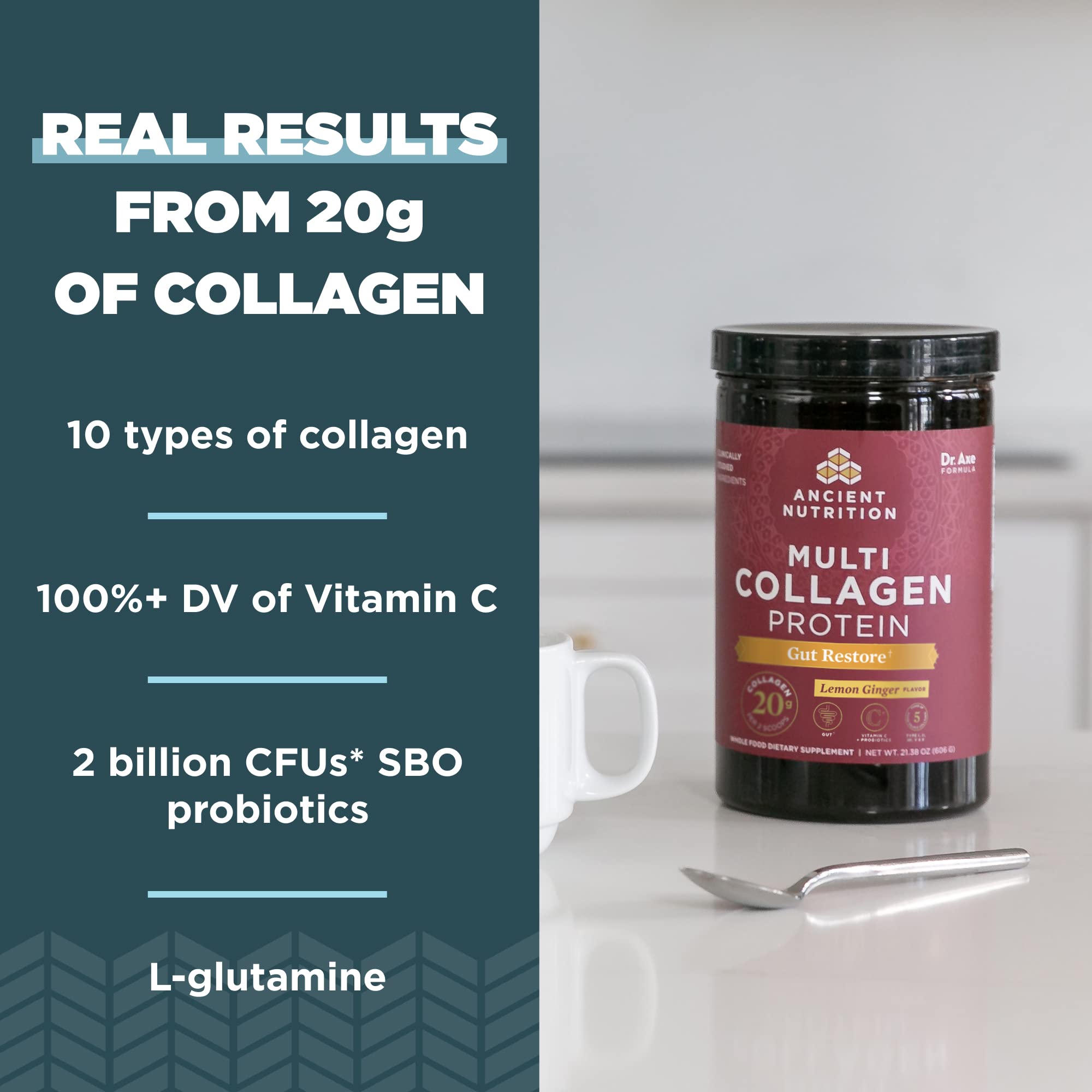 Ancient Nutrition Multi Collagen Protein Gut Restore scoop with powder