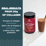 Ancient Nutrition Multi Collagen Protein Powder Chocolate scoop in a glass