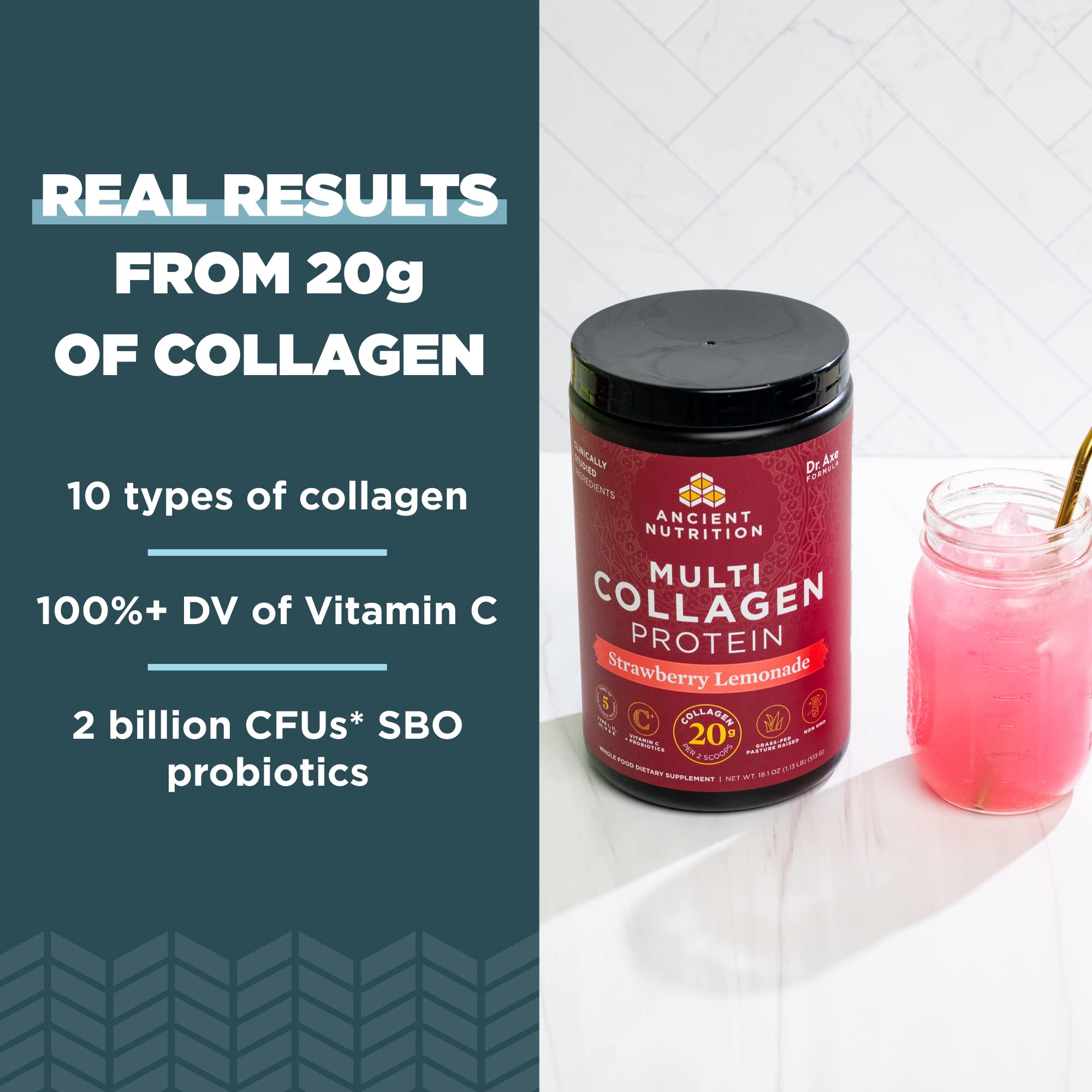 Ancient Nutrition Multi Collagen Protein Powder Strawberry Lemonade serving suggestion in a glass