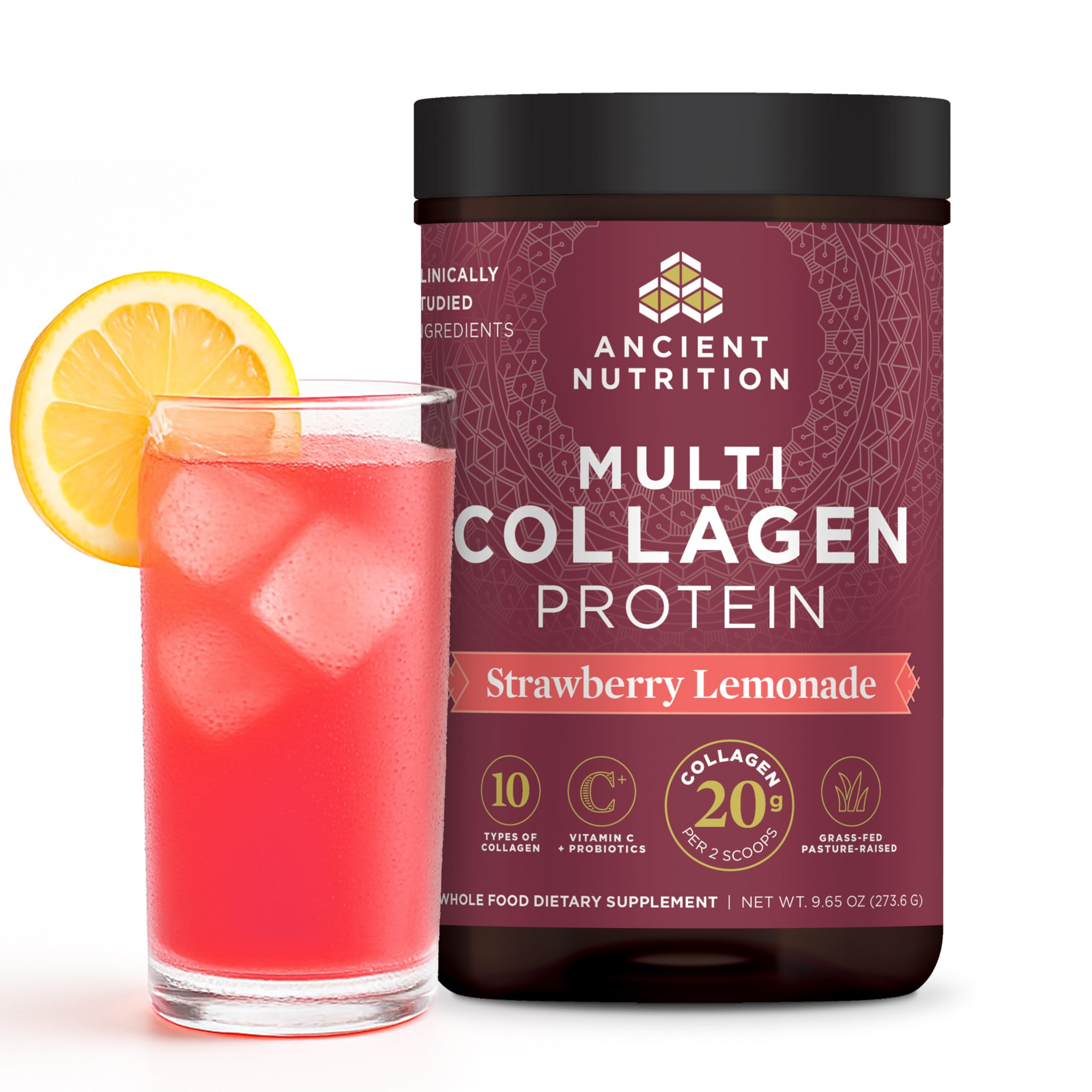 Ancient Nutrition Multi Collagen Protein Powder Strawberry Lemonade tub front view