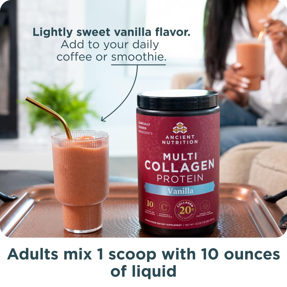 Ancient Nutrition Multi Collagen Protein Powder Vanilla scoop with powder