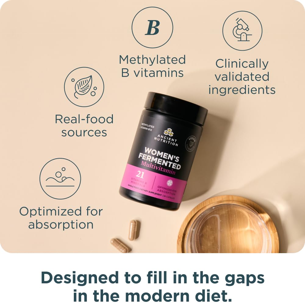 Ancient Nutrition Multivitamin Capsules on a wooden surface