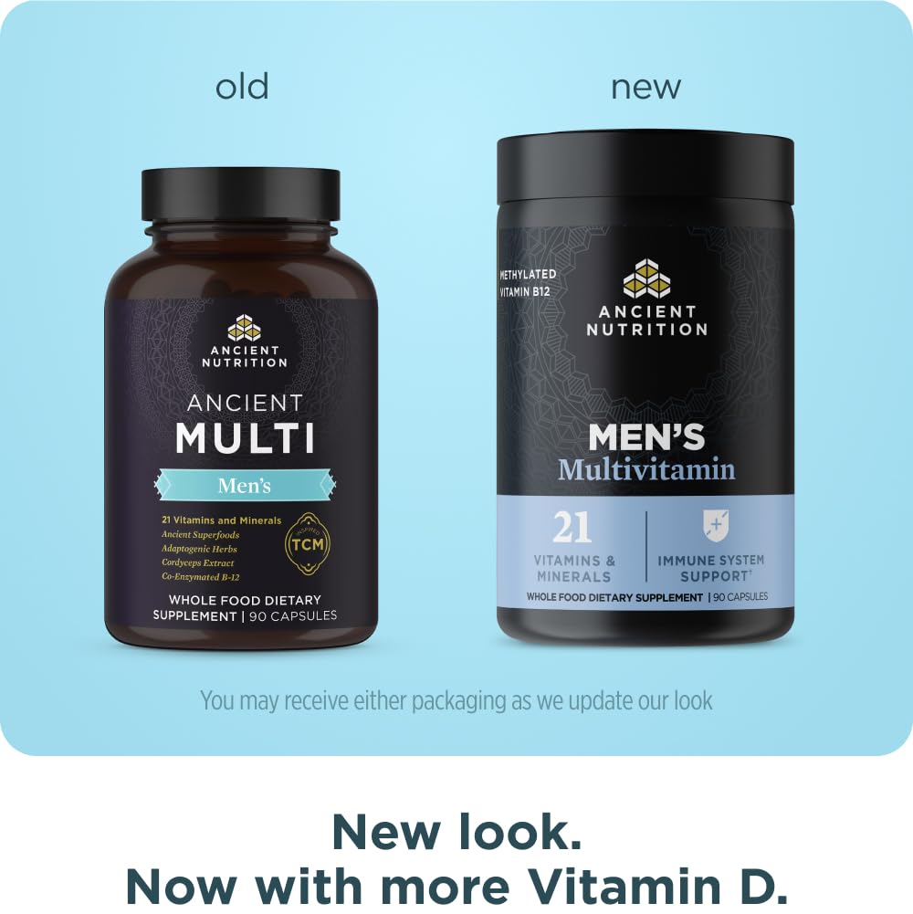 Ancient Nutrition Multivitamins for Men capsules displayed on a wooden surface