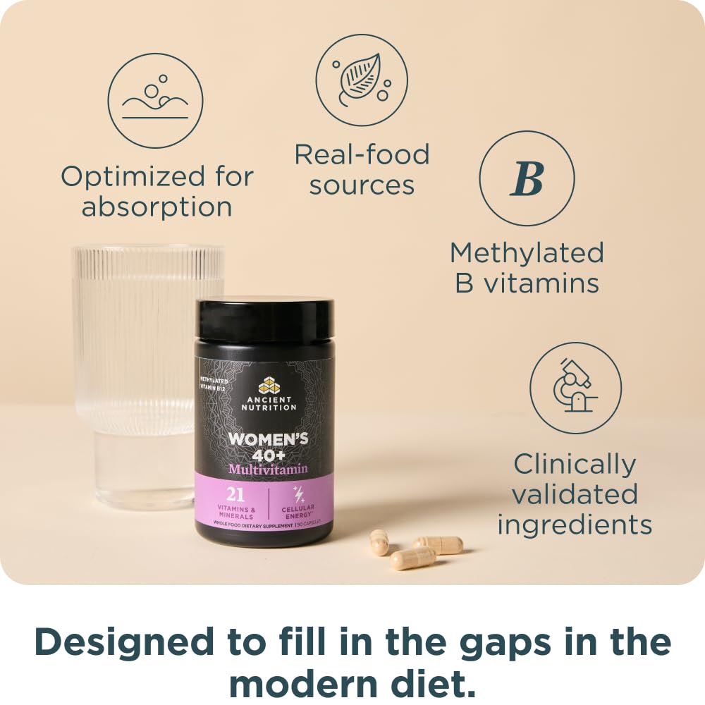 Ancient Nutrition Multivitamins for Women 40+ side view with dosage instructions