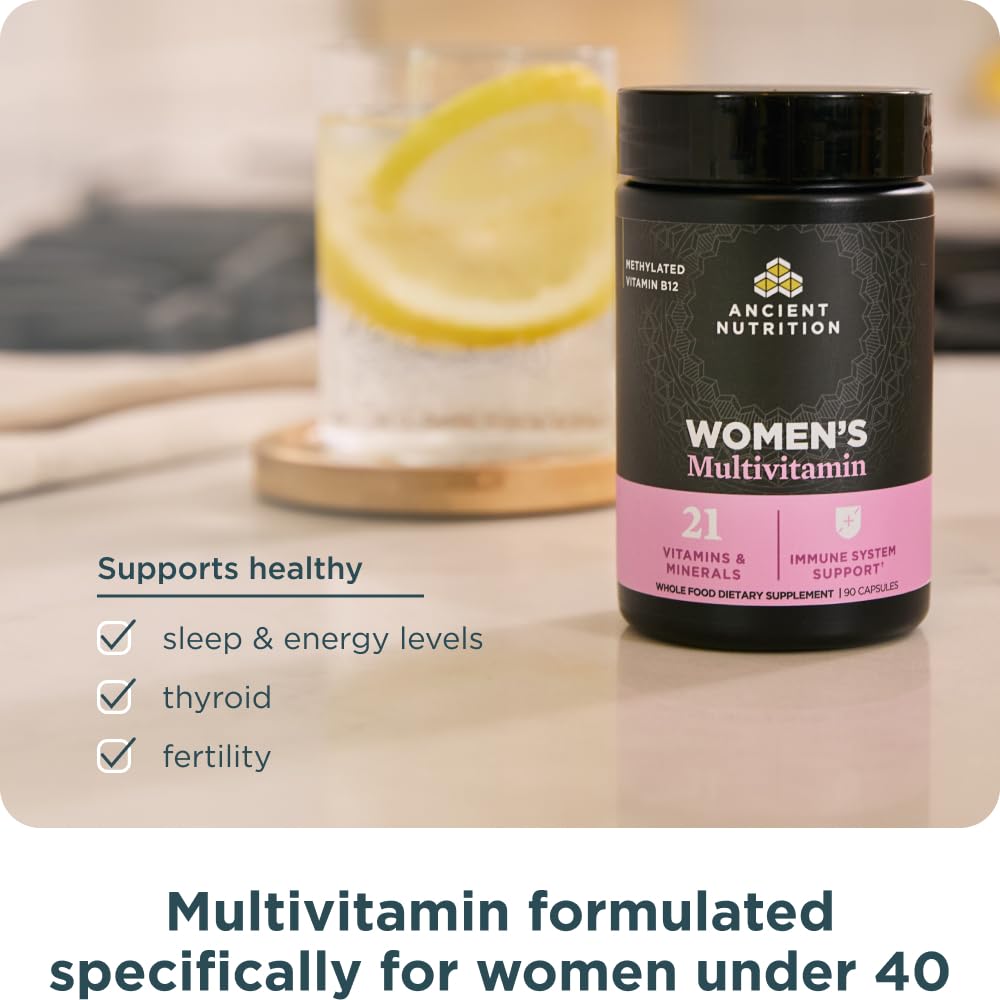 Ancient Nutrition Multivitamins TCM Women’s Blend with water glass