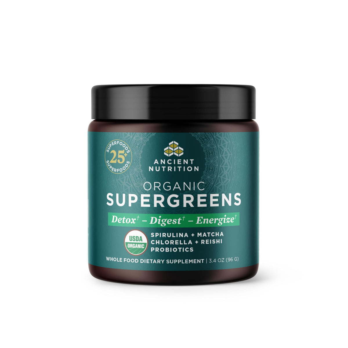 Ancient Nutrition Organic Super Greens Powder tub front view