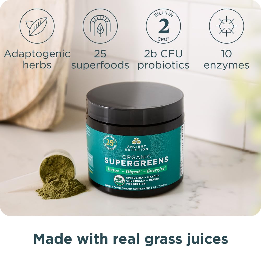 Ancient Nutrition Organic Super Greens Powder tub side view