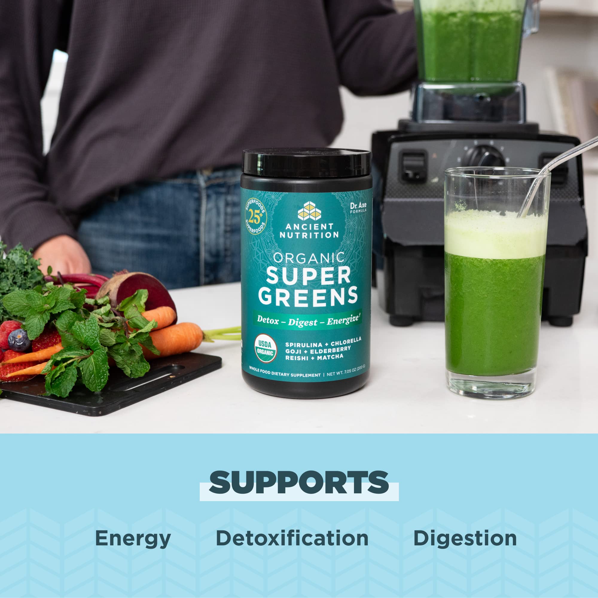 Ancient Nutrition Organic Super Greens Powder tub side view