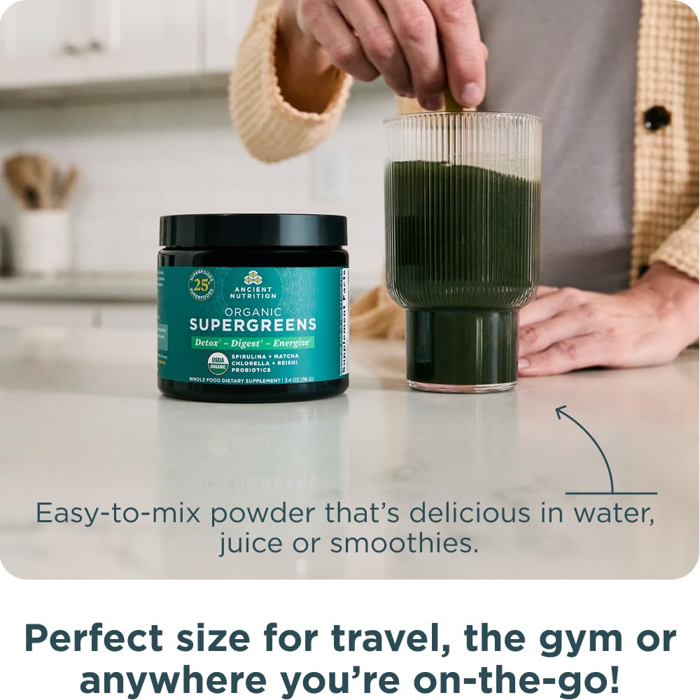 Ancient Nutrition Organic Super Greens Powder with scoop