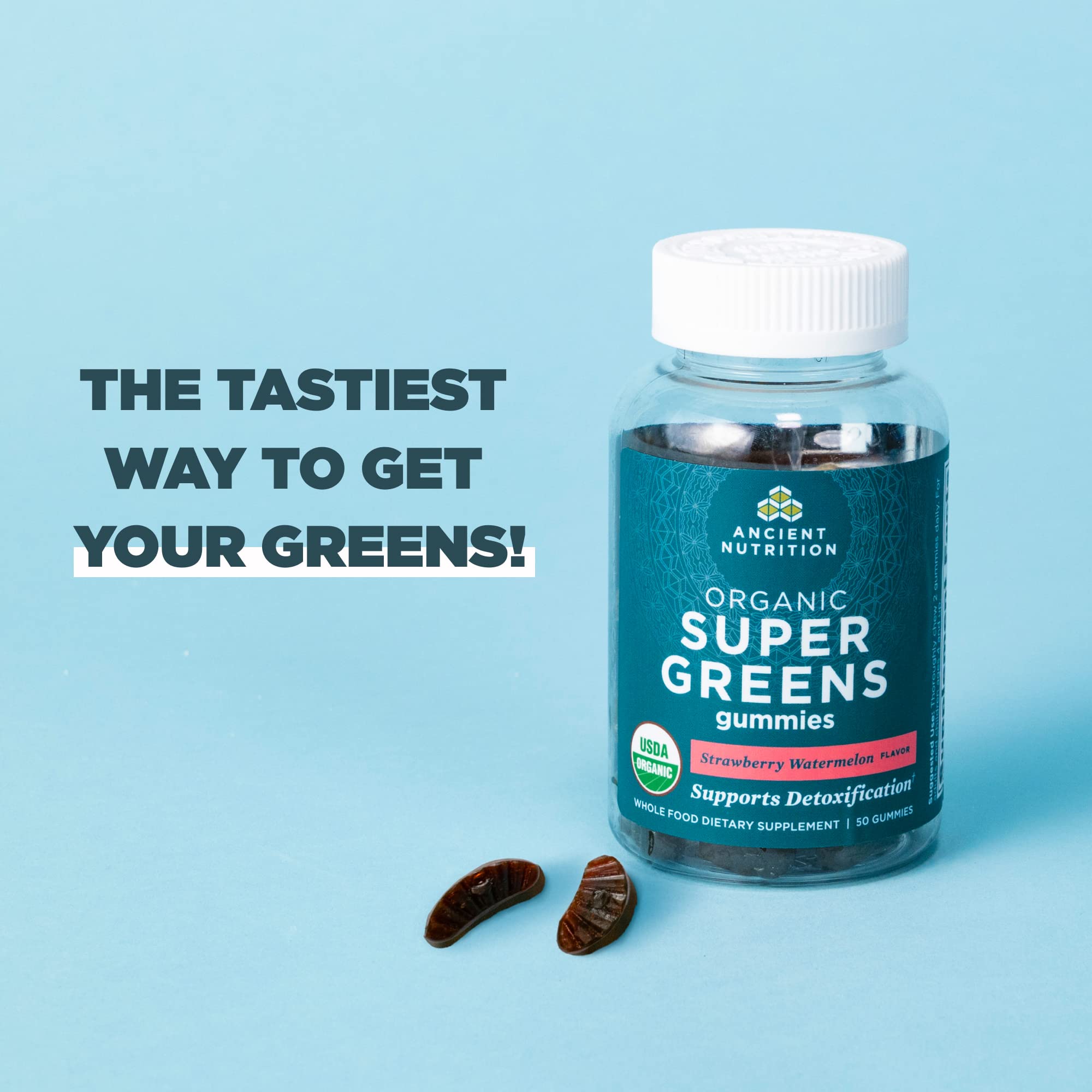 Ancient Nutrition Organic SuperGreens Gummies with fresh fruits and greens
