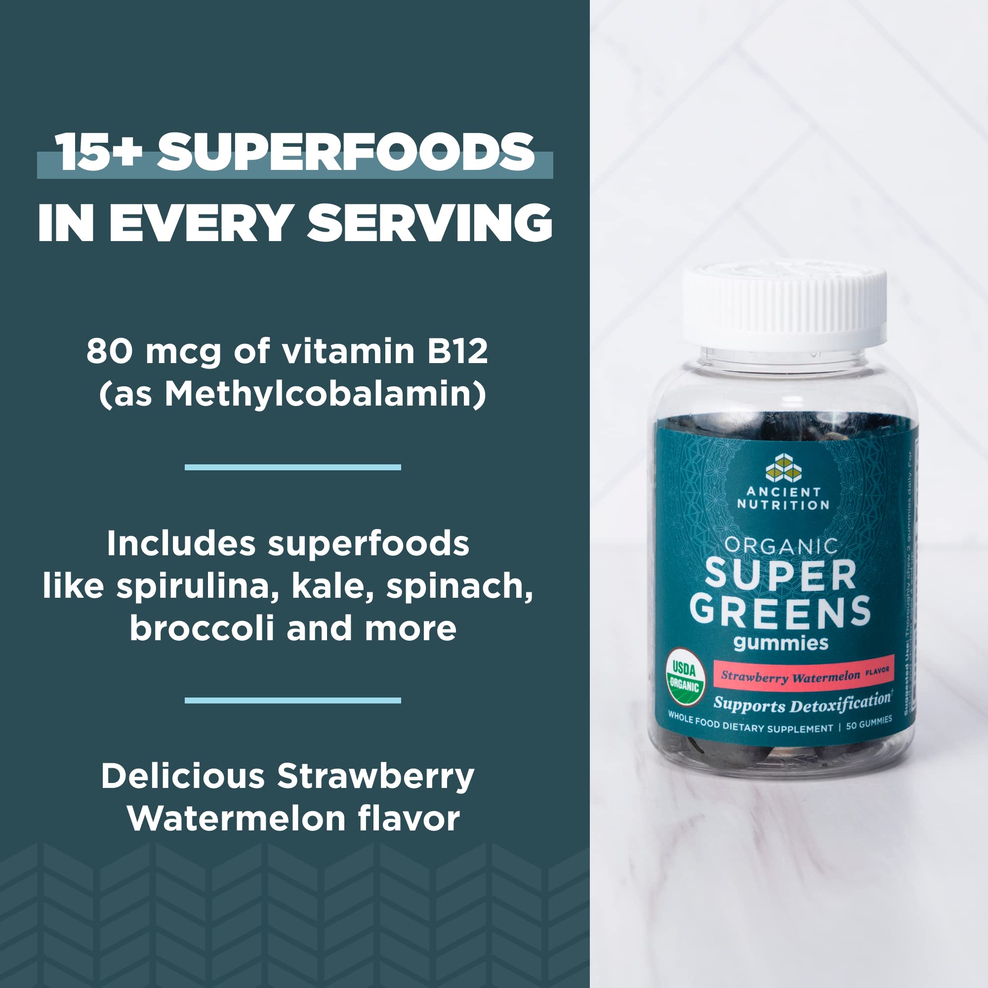 Ancient Nutrition Organic SuperGreens Gummies with gummies displayed