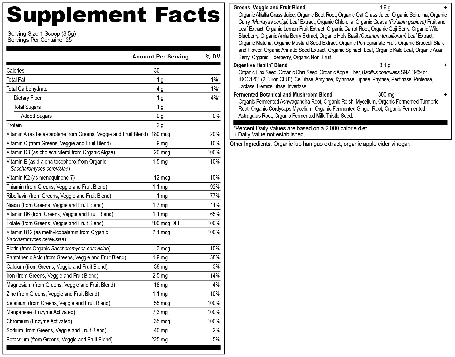 Ancient Nutrition Organic SuperGreens + Multivitamin Powder nutritional information