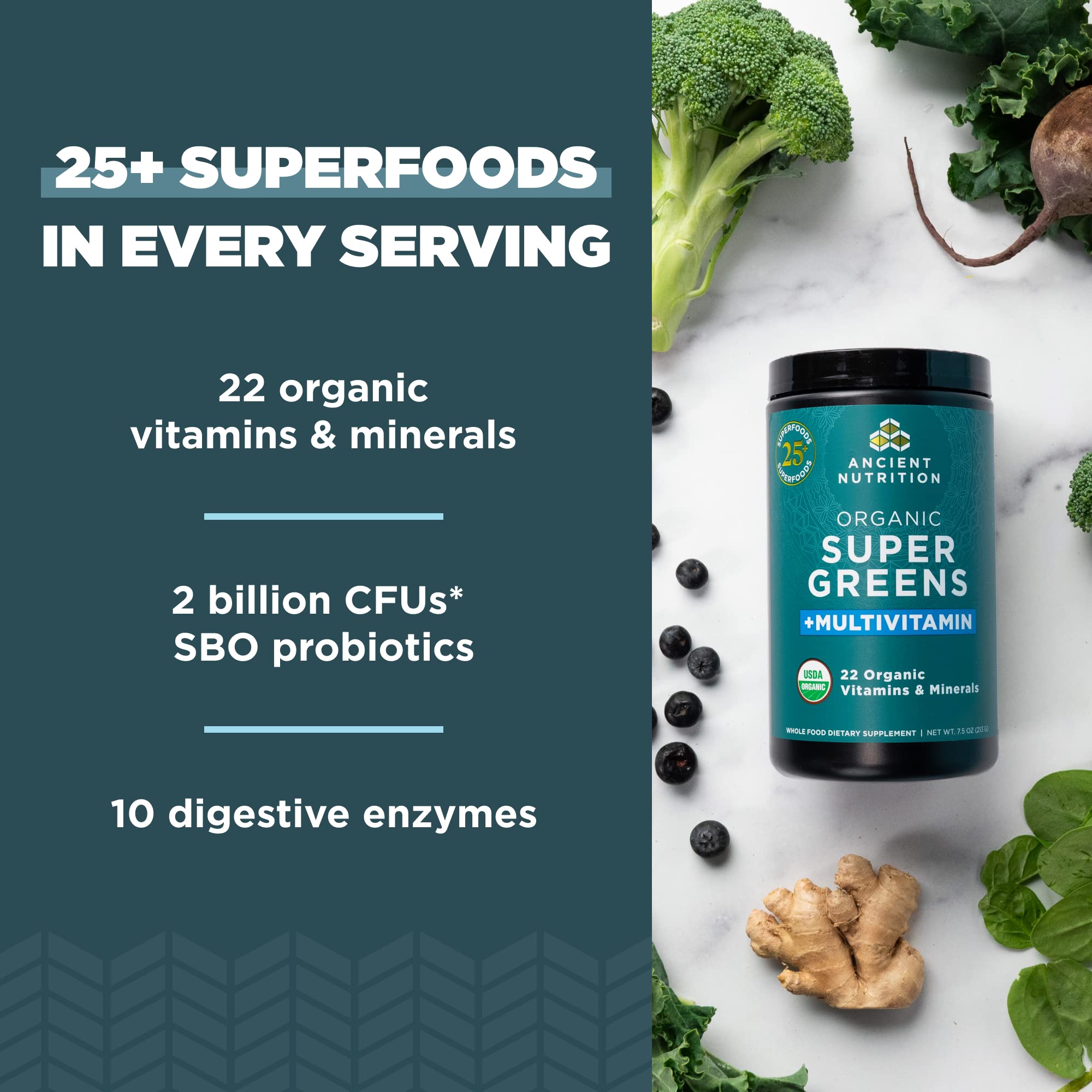 Ancient Nutrition Organic SuperGreens + Multivitamin Powder scoop in smoothie