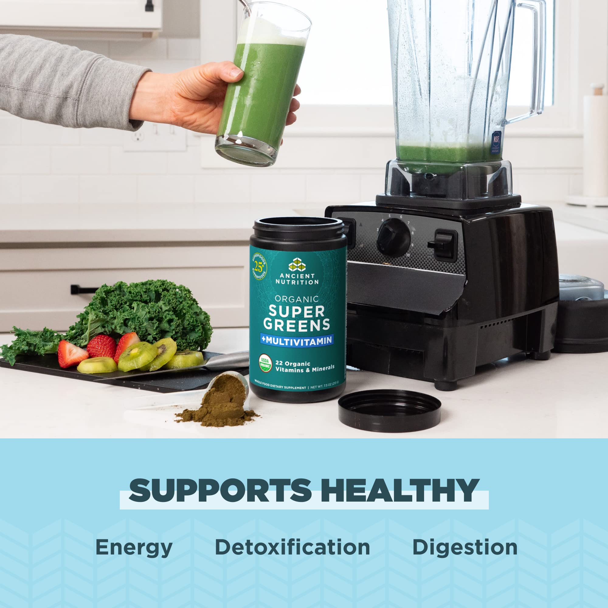 Ancient Nutrition Organic SuperGreens + Multivitamin Powder tub side view