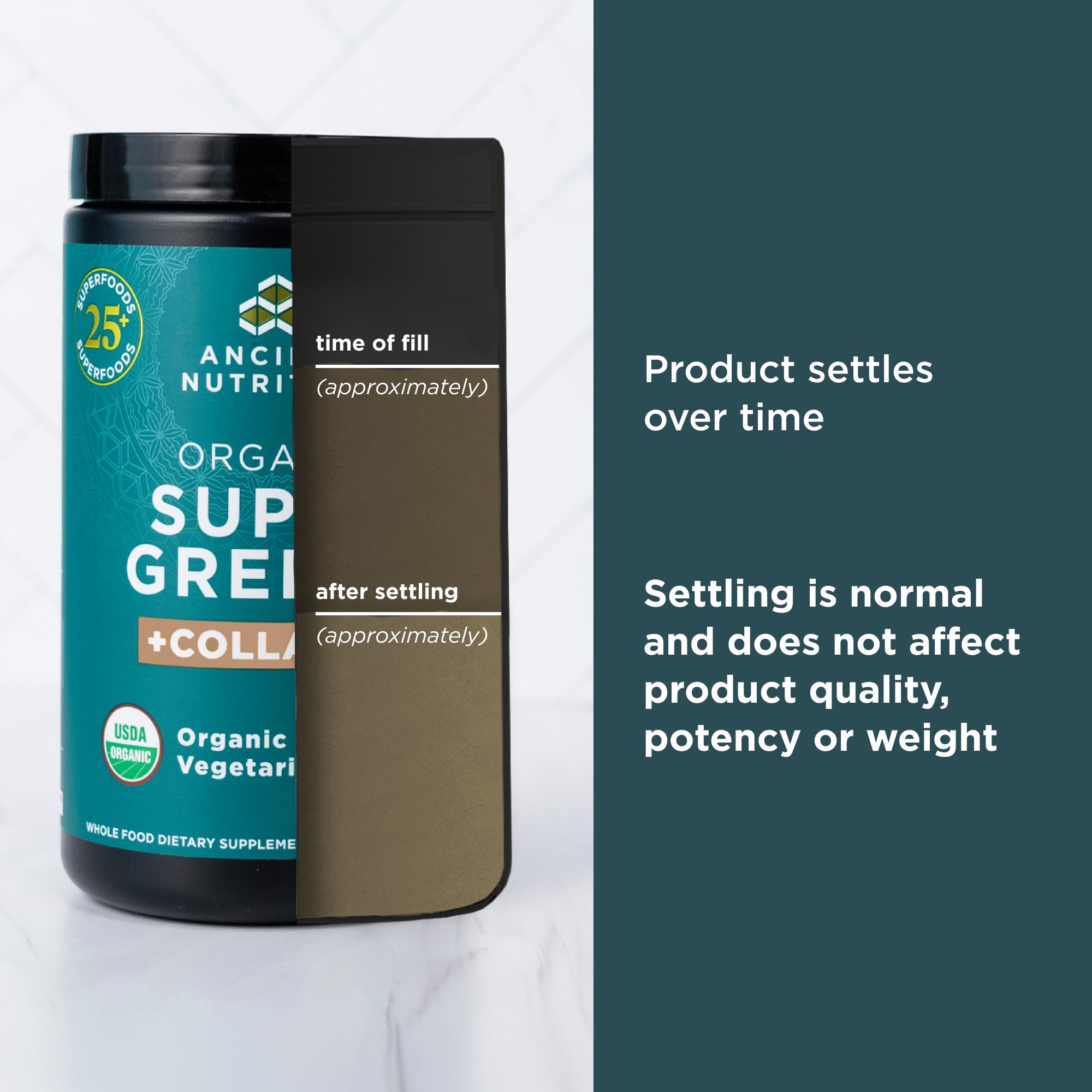 Ancient Nutrition Organic SuperGreens + Organic Collagen mixed in a smoothie