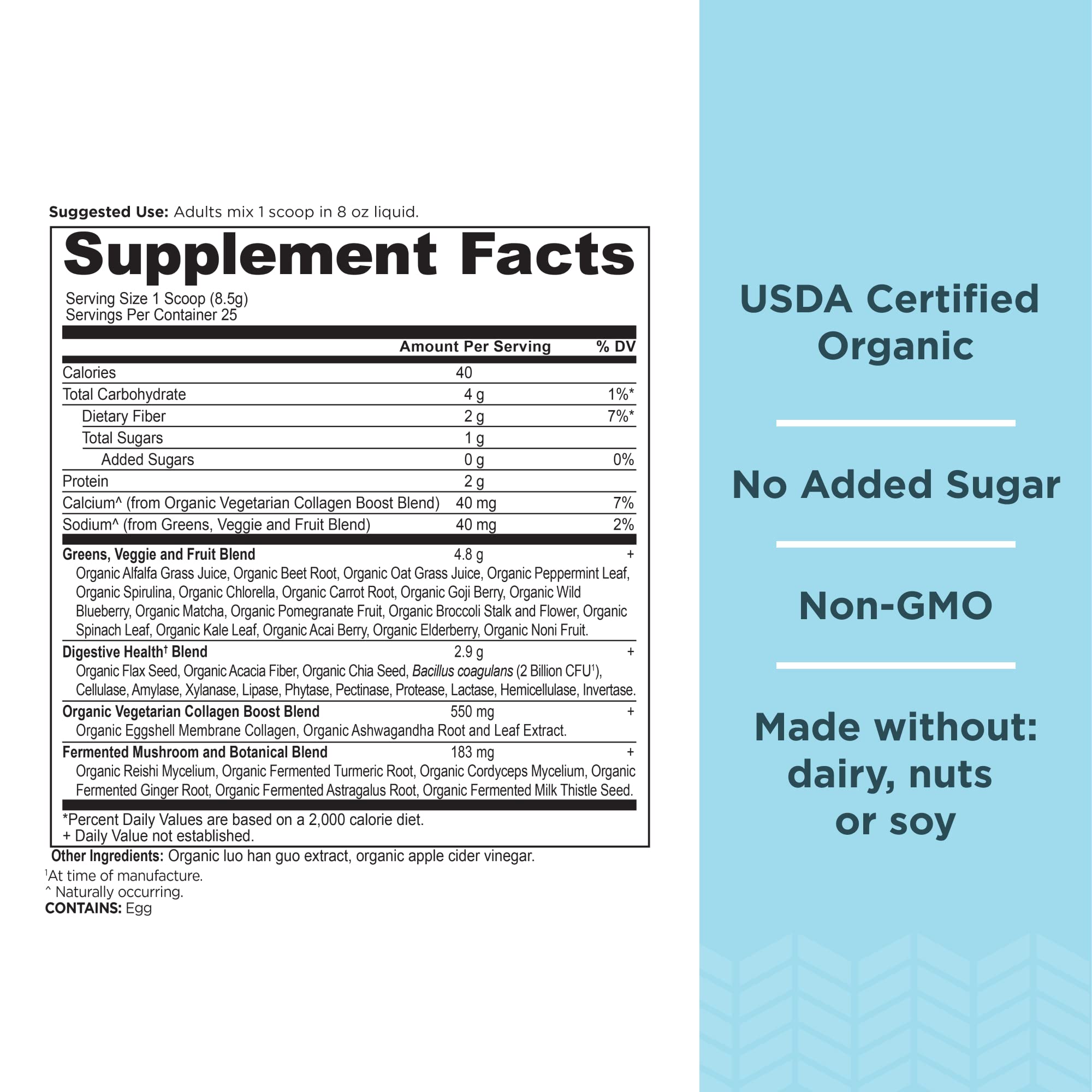 Ancient Nutrition Organic SuperGreens + Organic Collagen nutritional information
