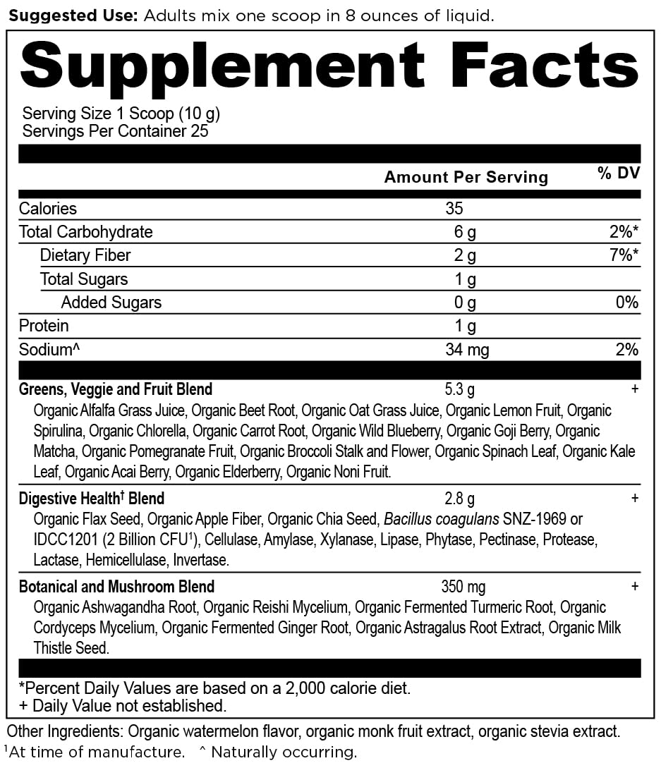 Ancient Nutrition Organic SuperGreens Powder 250g tub side view