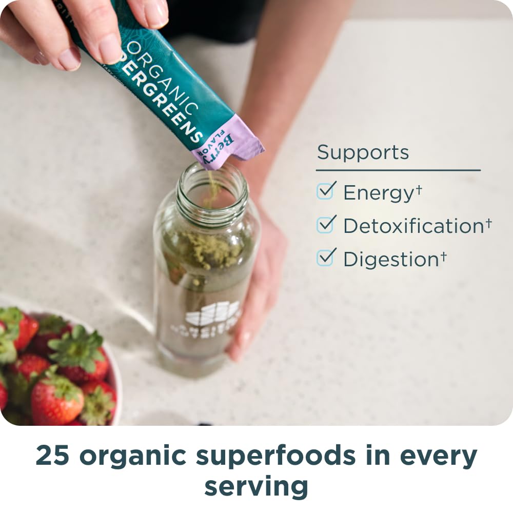 Ancient Nutrition Organic SuperGreens Powder displayed on a kitchen counter