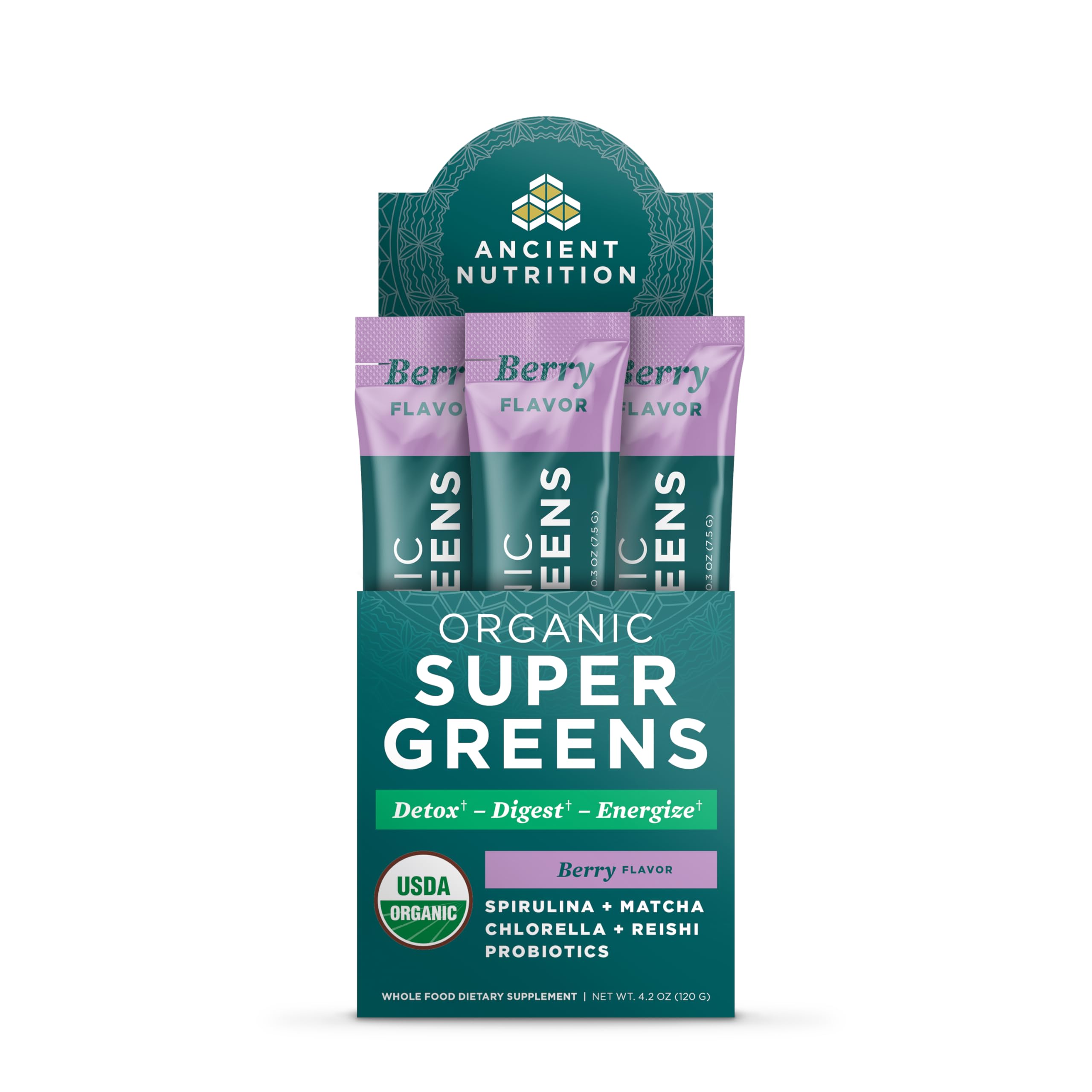 Ancient Nutrition Organic SuperGreens Powder front view with packaging