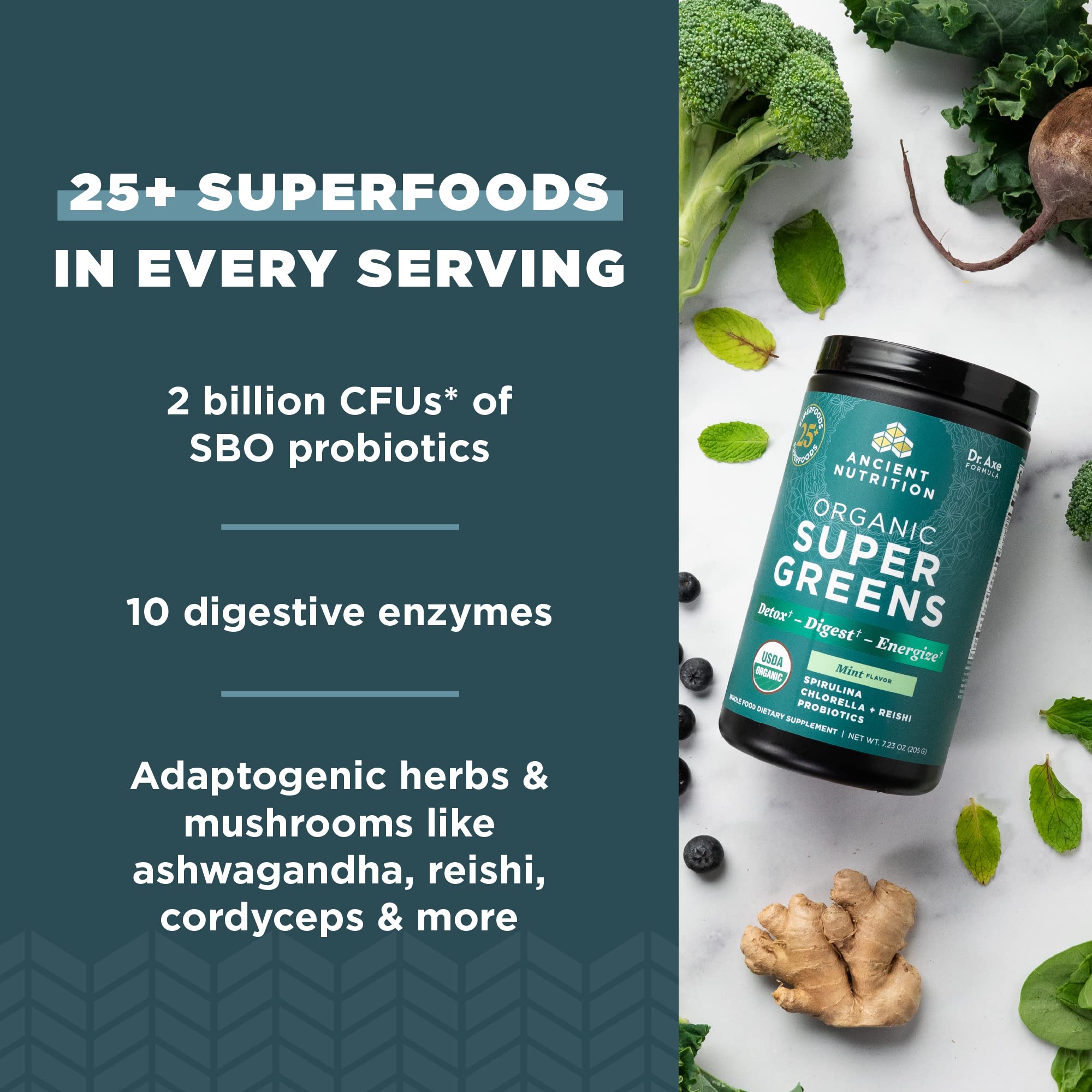 Ancient Nutrition Organic SuperGreens Powder mixed in a glass