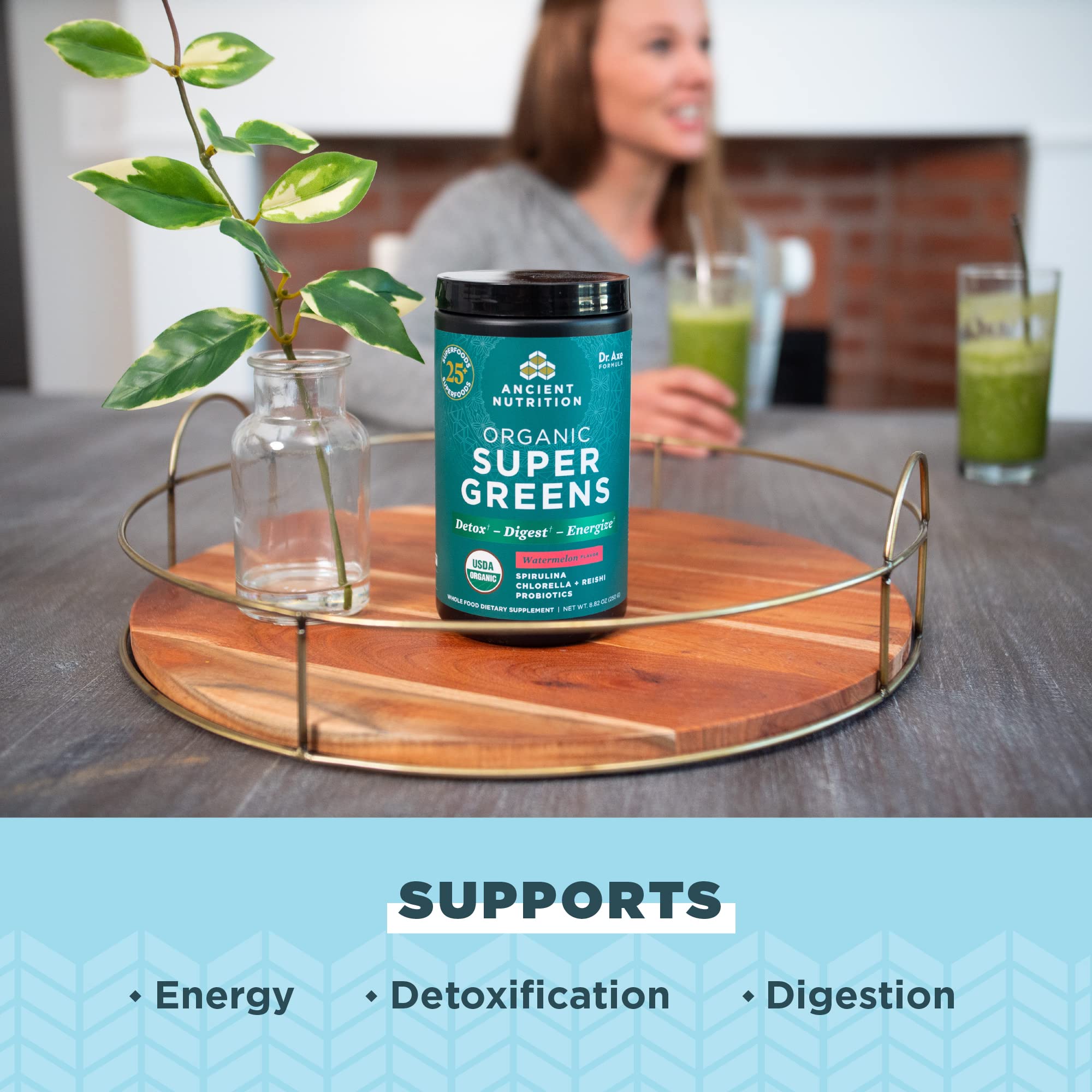 Ancient Nutrition Organic SuperGreens Powder scoop and powder