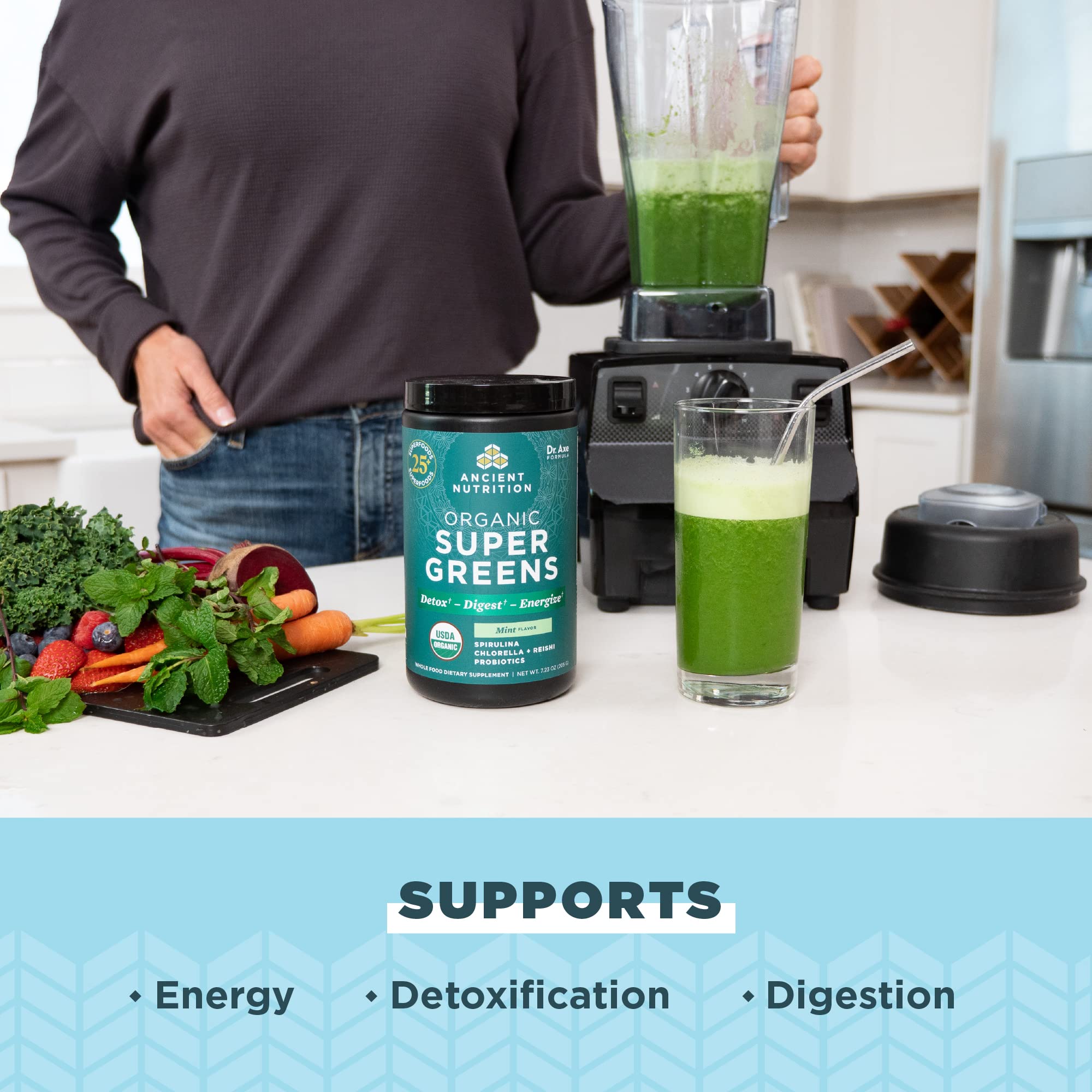 Ancient Nutrition Organic SuperGreens Powder scoop with powder