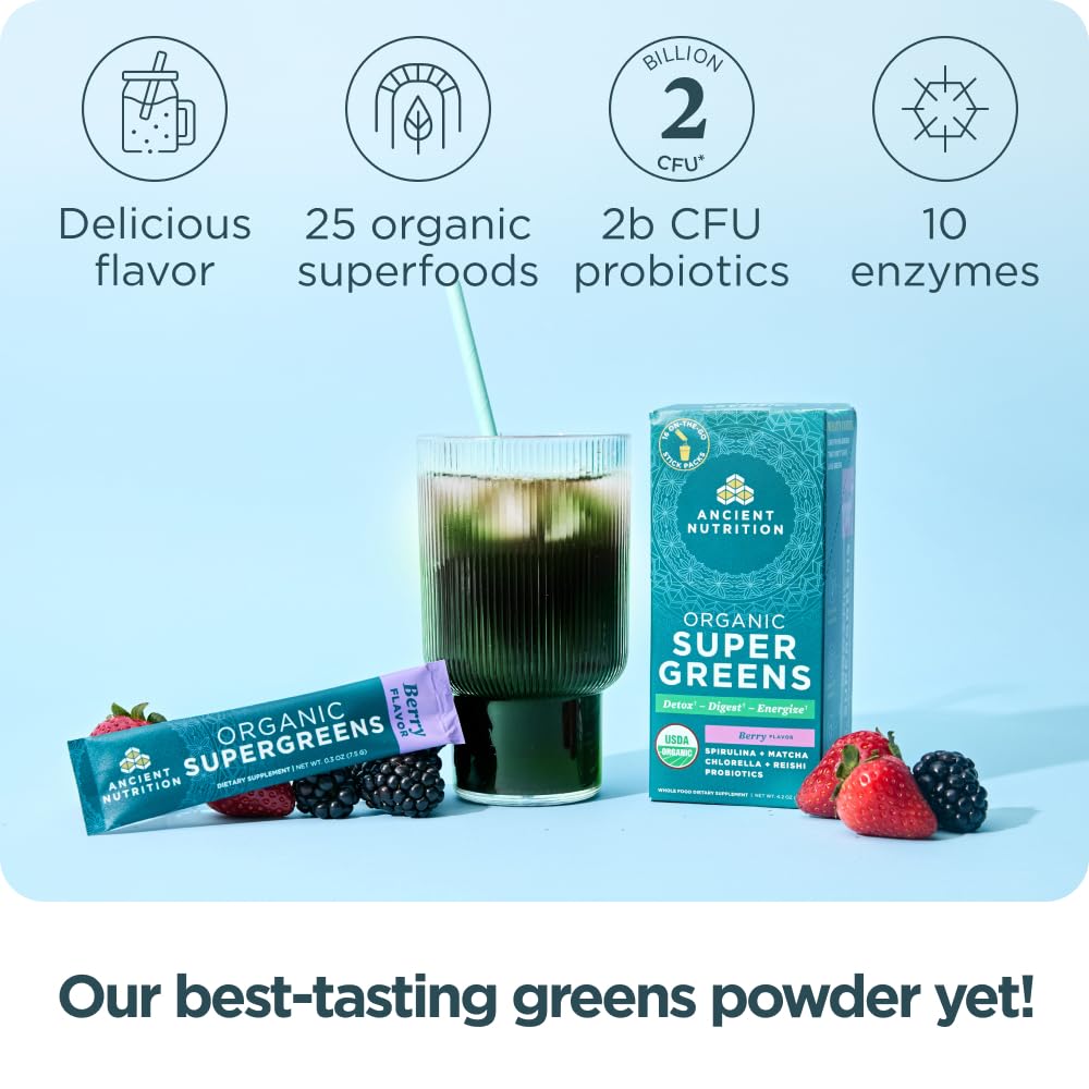 Ancient Nutrition Organic SuperGreens Powder side view with nutritional information