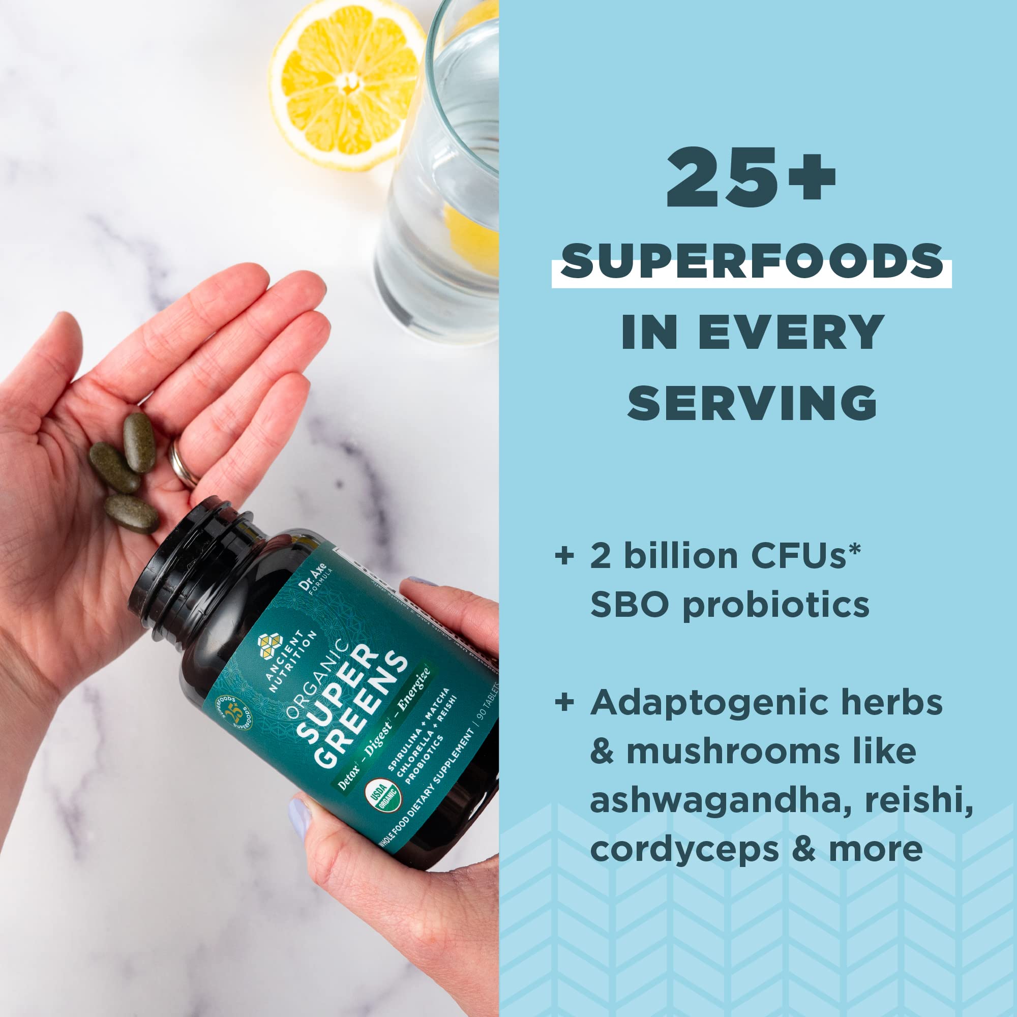 Ancient Nutrition Organic SuperGreens Tablets displayed with fresh vegetables