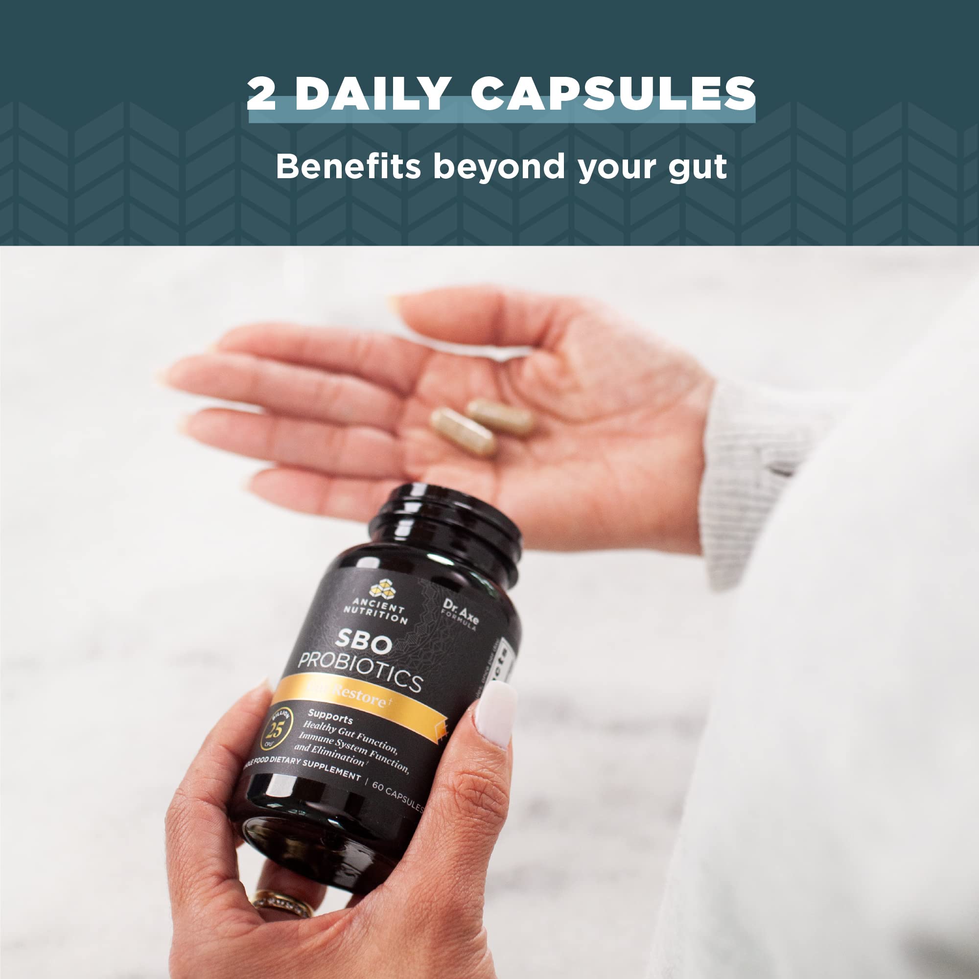 Ancient Nutrition SBO Gut Restore Probiotics capsules in hand