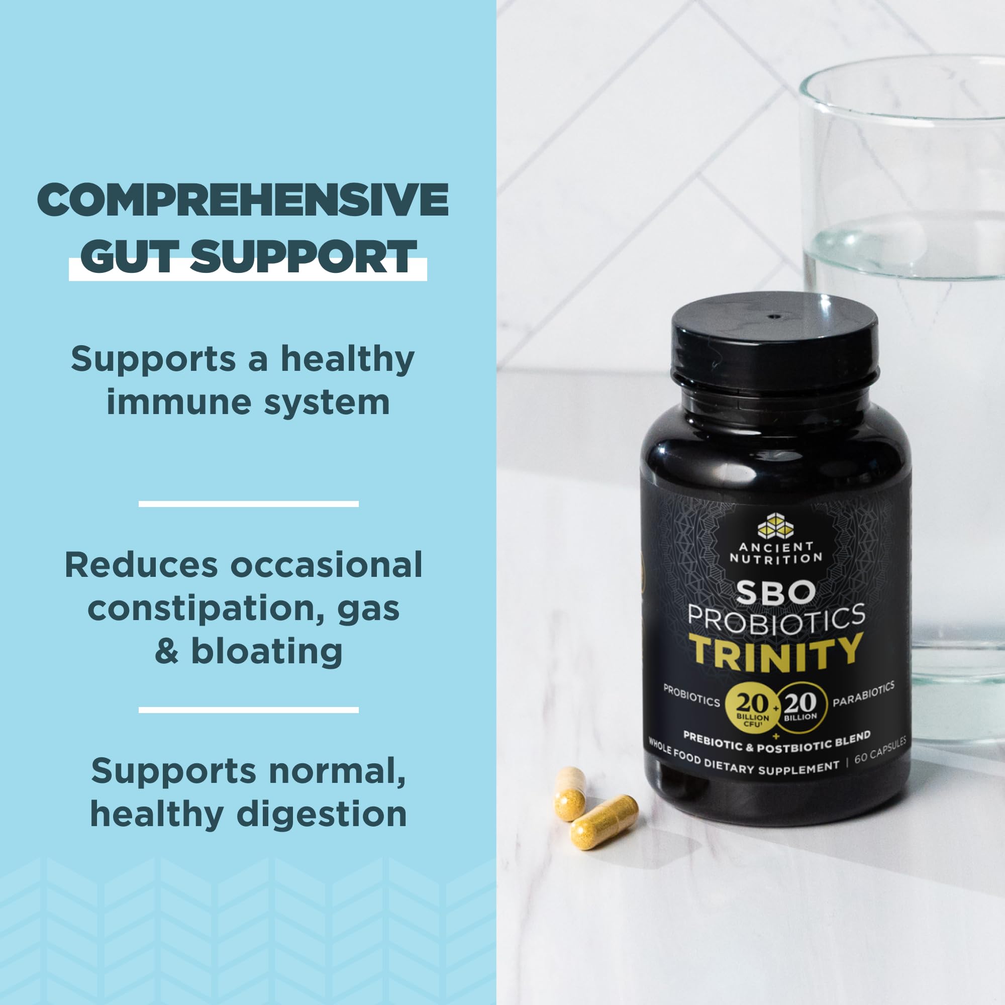 Ancient Nutrition SBO Probiotic Trinity capsules close-up