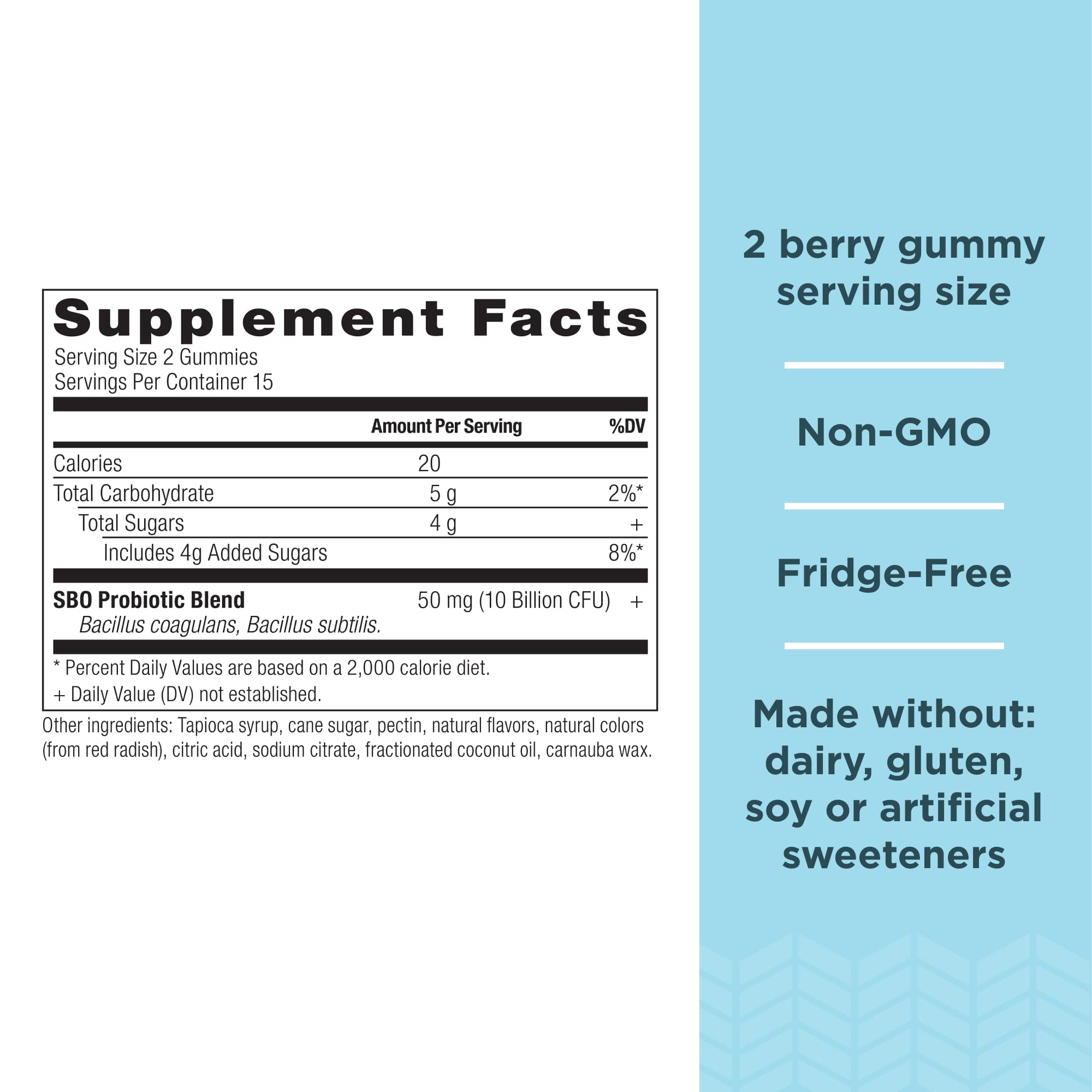 Ancient Nutrition SBO Probiotics Gummies Berry flavour bottle side view