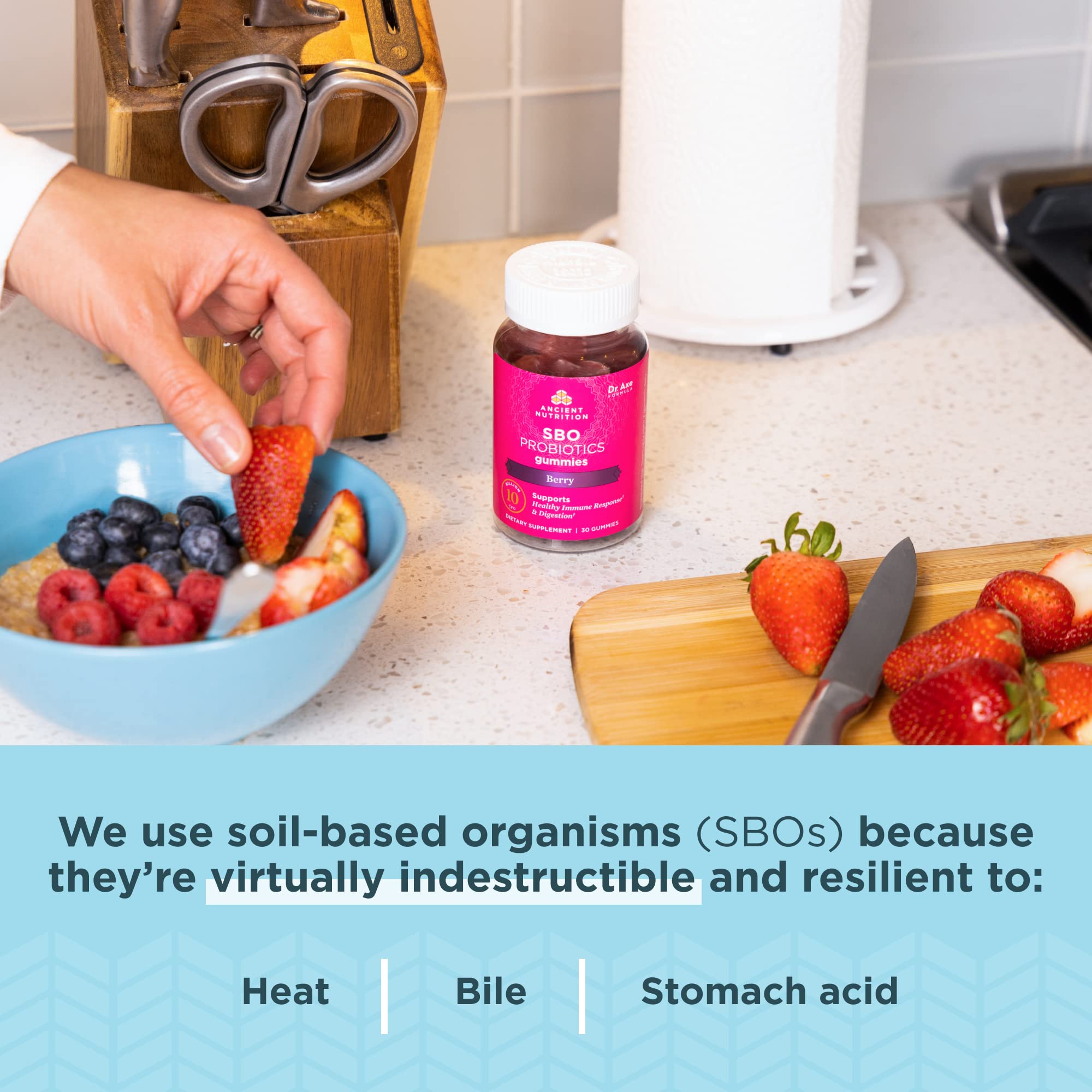 Ancient Nutrition SBO Probiotics Gummies Berry flavour bottle with gummies