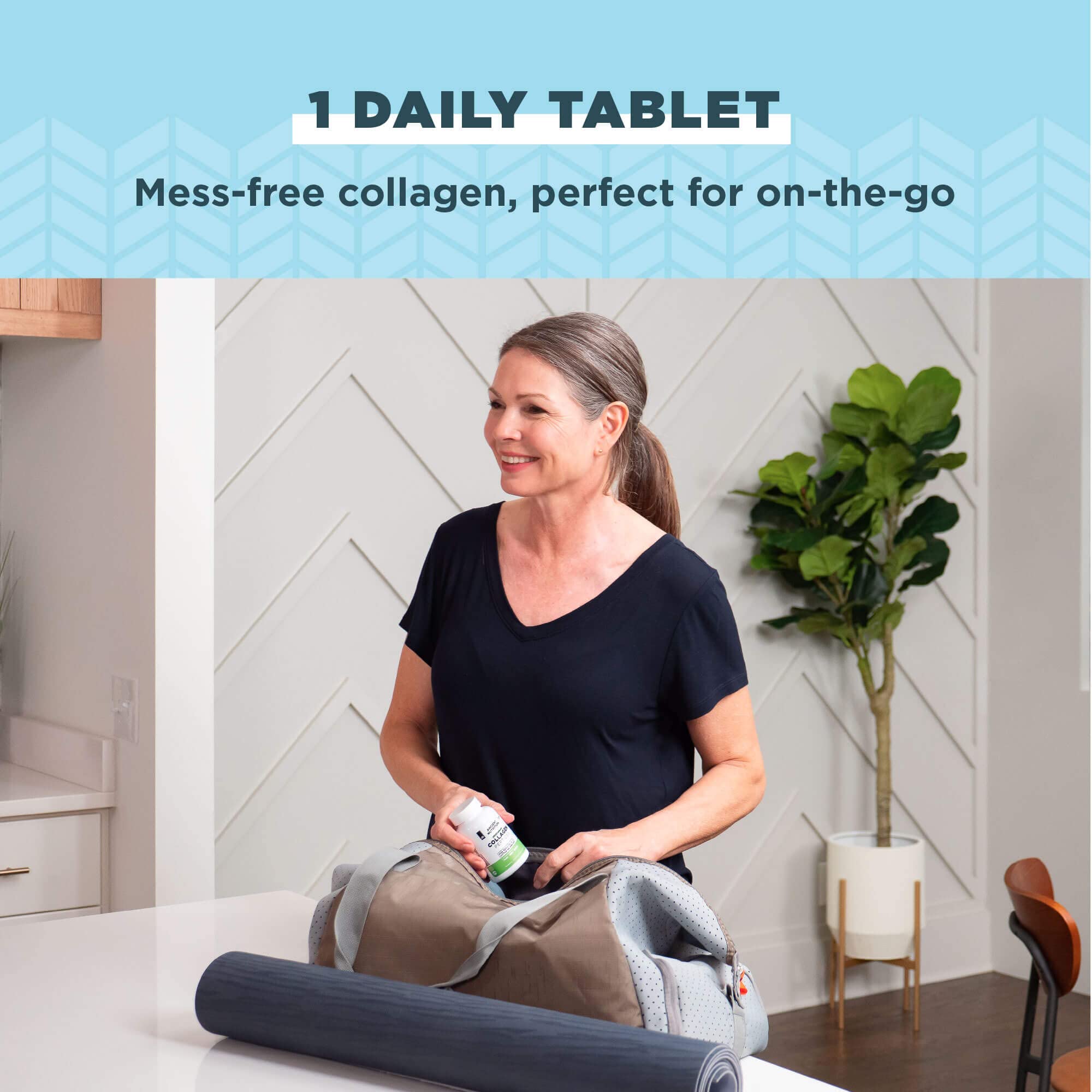 Ancient Nutrition Vegetarian Collagen Peptides Tablets with a measuring spoon