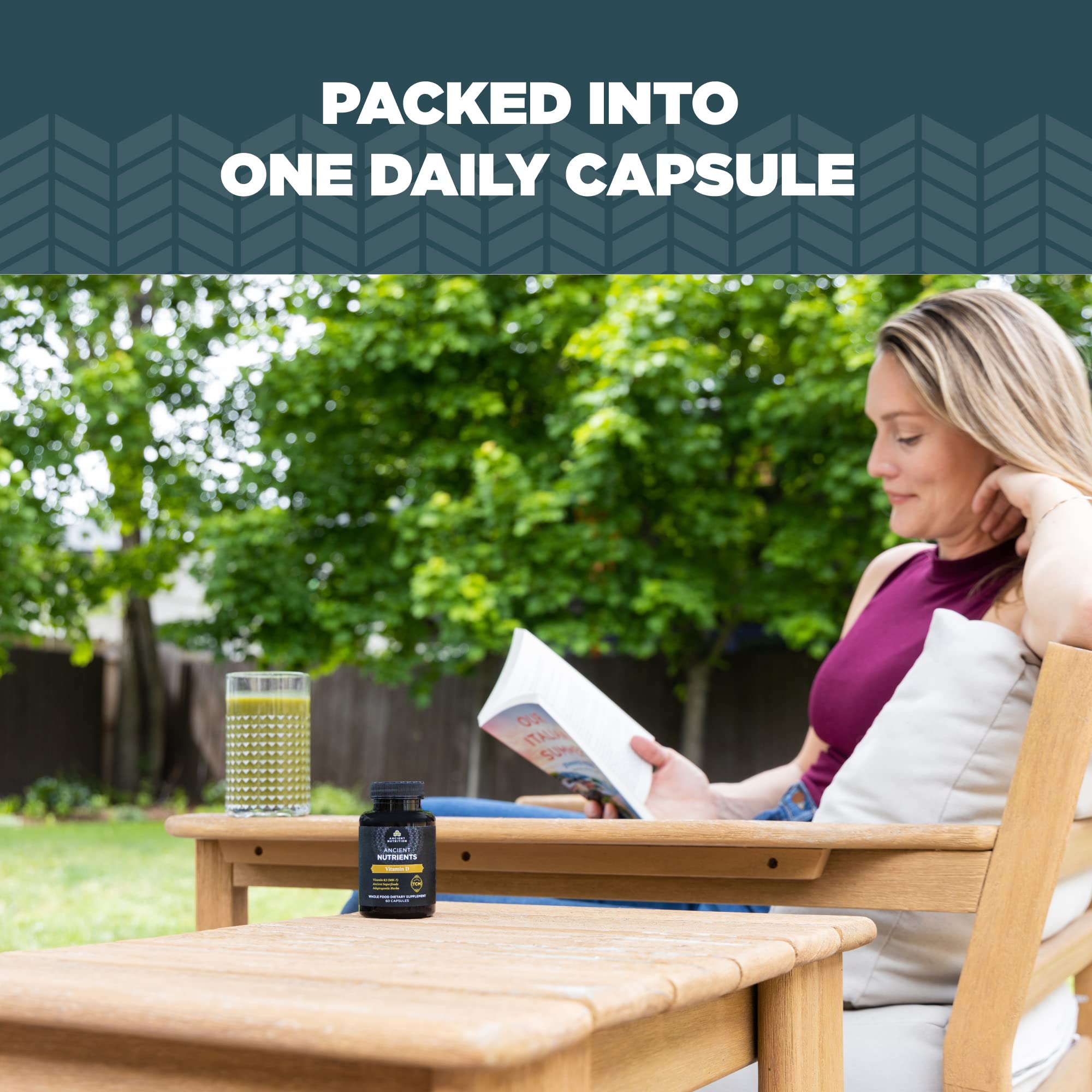 Ancient Nutrition Vitamin D3 Capsules with a glass of water