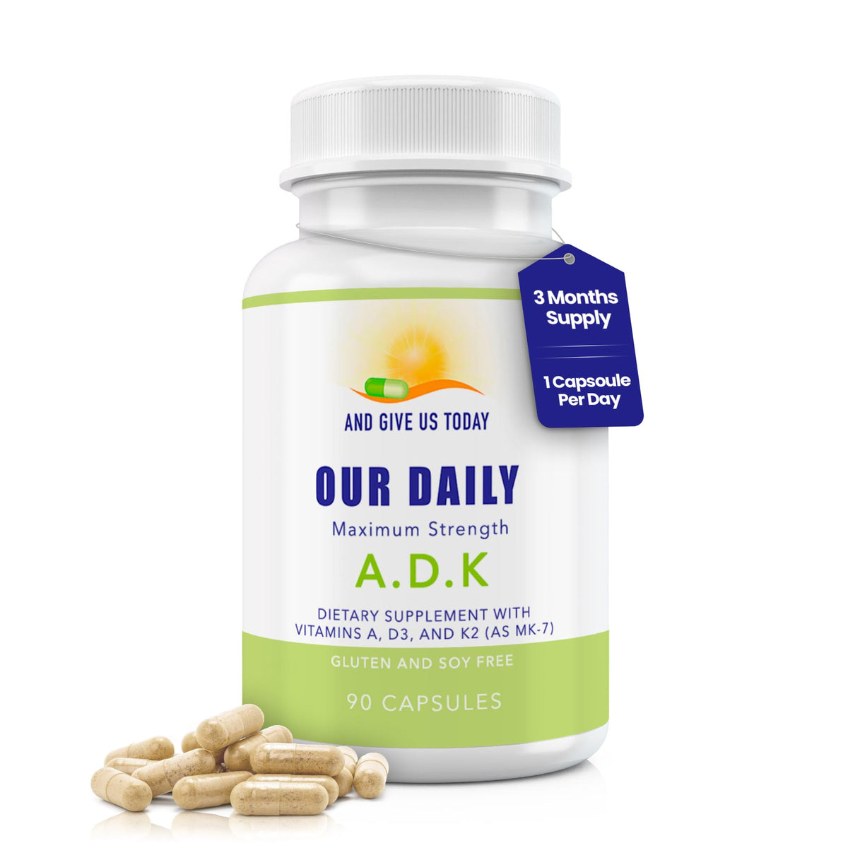 AND GIVE US TODAY OUR DAILY ADK Vitamin Supplement bottle front view