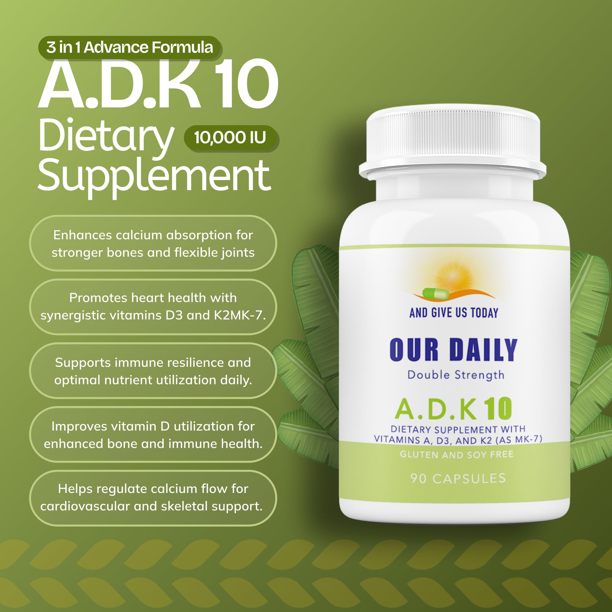 AND GIVE US TODAY OUR DAILY ADK Vitamin Supplement bottle side view