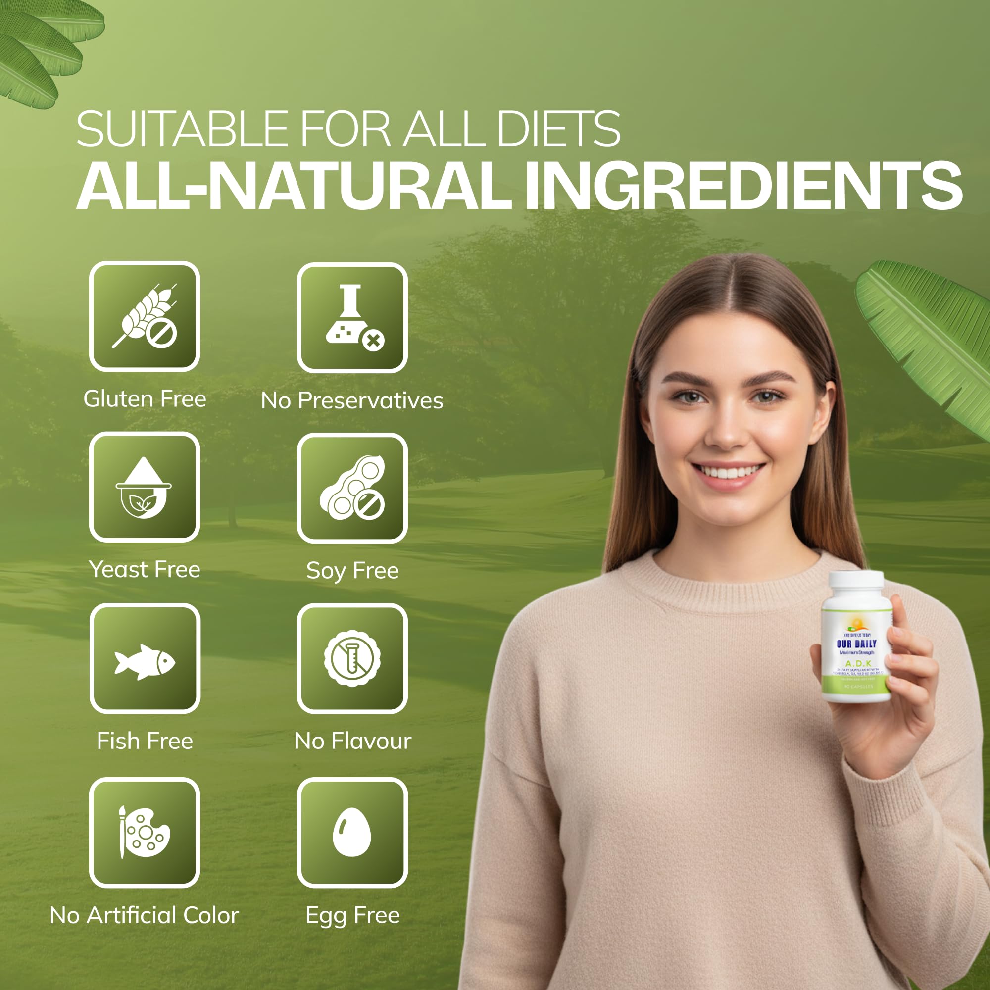 AND GIVE US TODAY OUR DAILY ADK Vitamin Supplement capsules in a hand