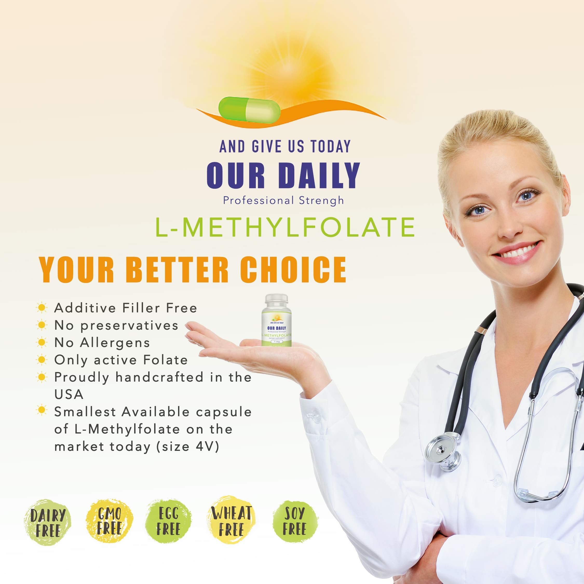 AND GIVE US TODAY OUR DAILY L-Methylfolate 5-MTHF Capsules on a wooden table