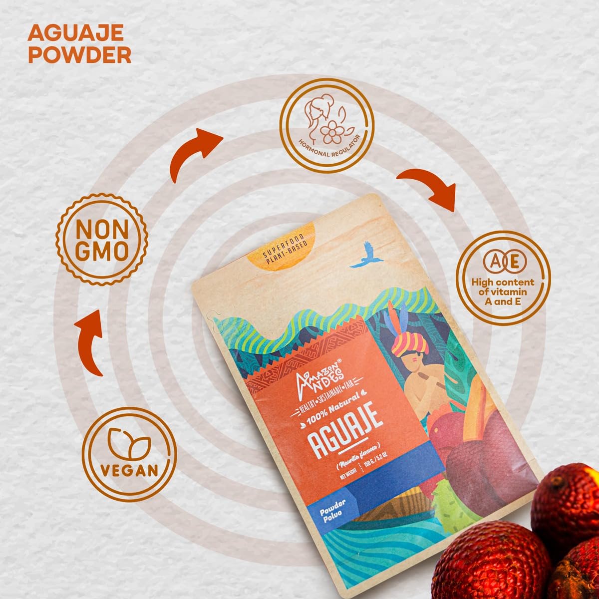 ANDES Aguaje Powder 150g in a bowl with smoothie ingredients