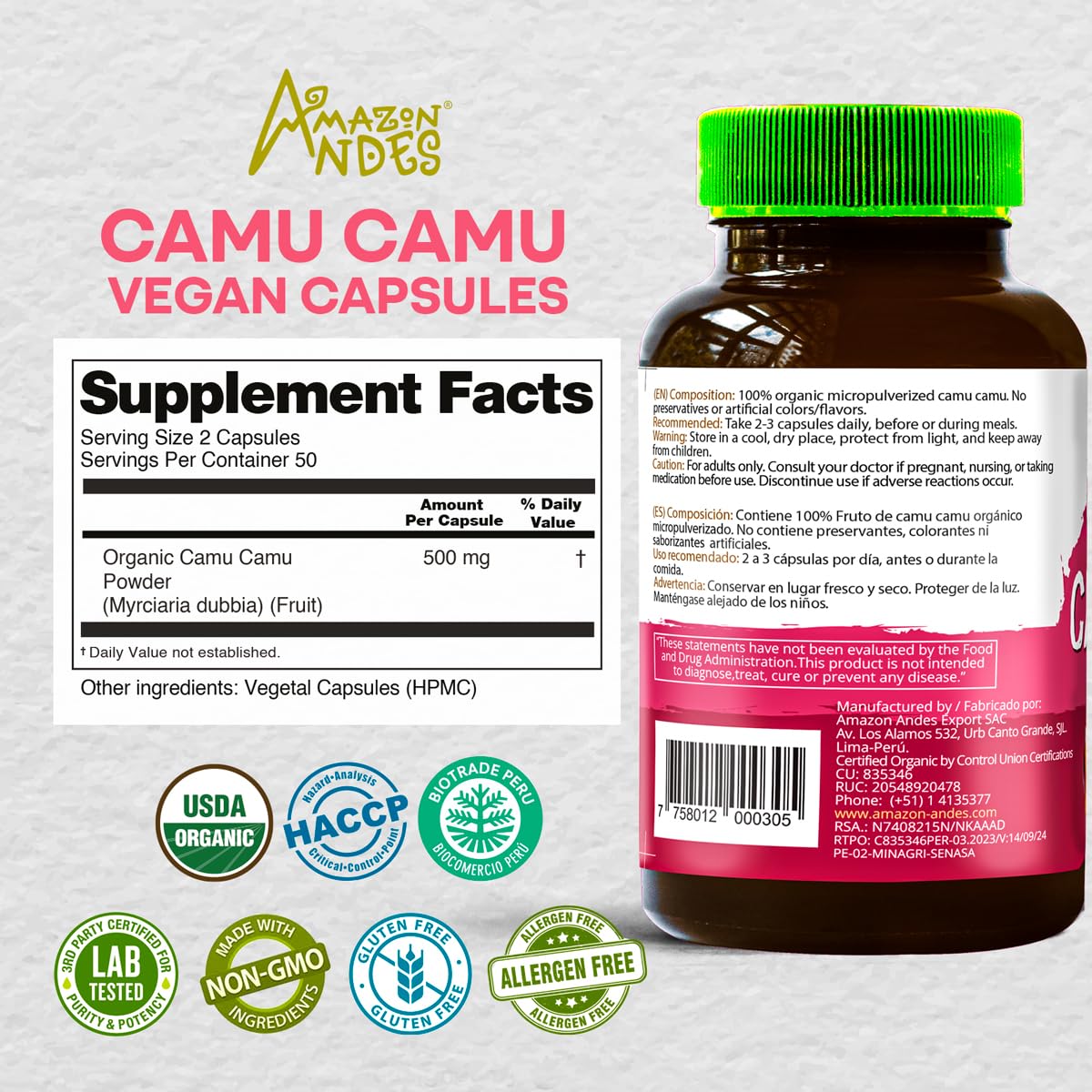 ANDES Camu Camu Vitamin C 500mg capsules bottle side view