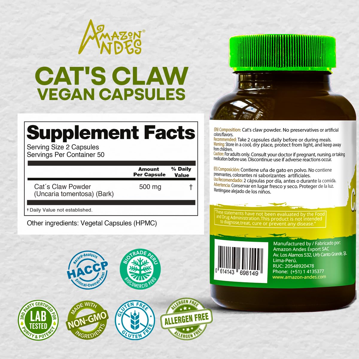 ANDES Cat's Claw Vegan Capsules side view