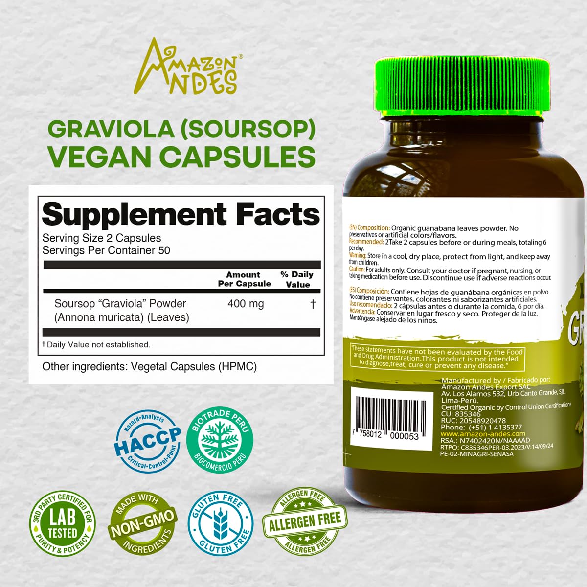 ANDES Graviola Leaf Powder 400mg bottle with 100 capsules