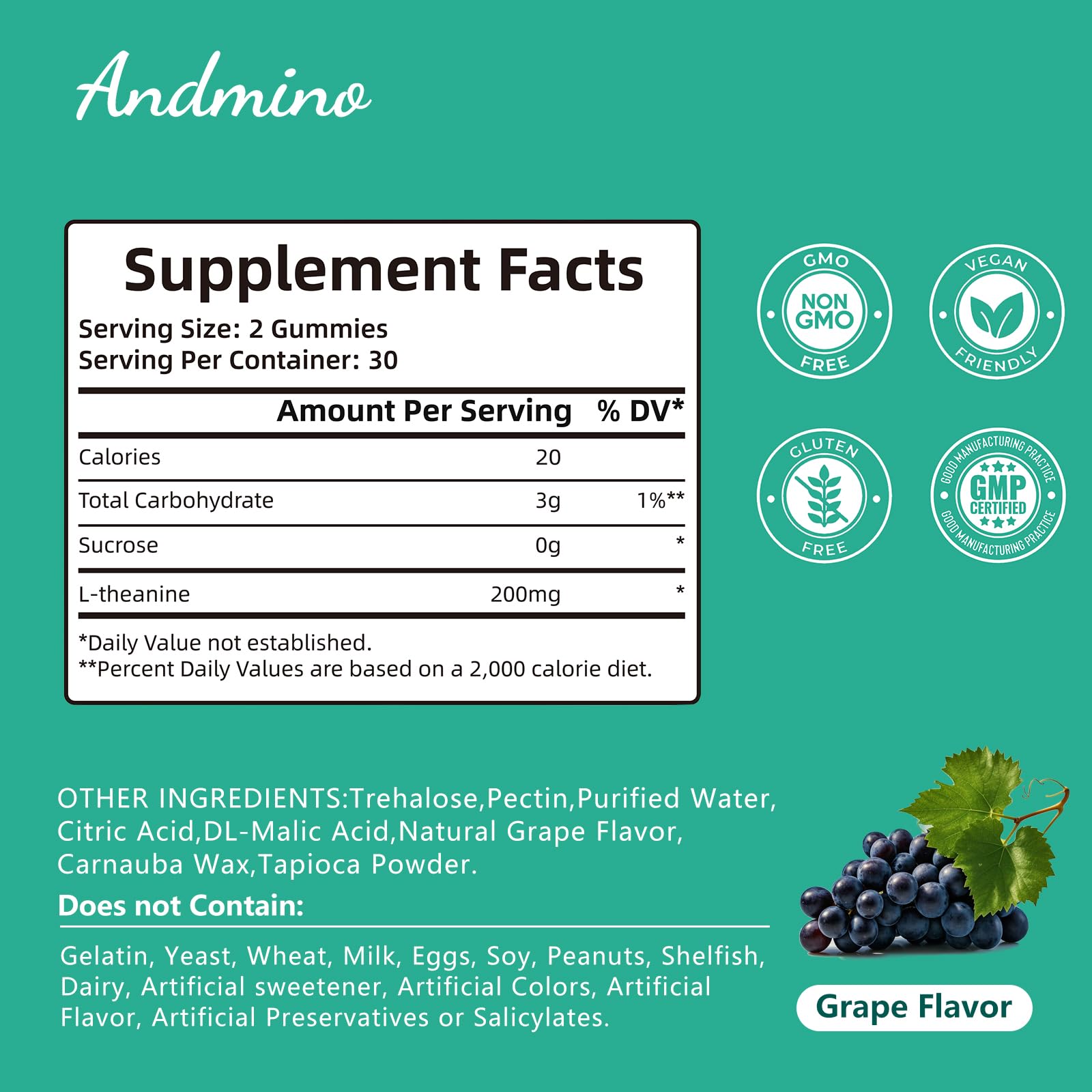 andmino L-Theanine Gummies side view with dosage details